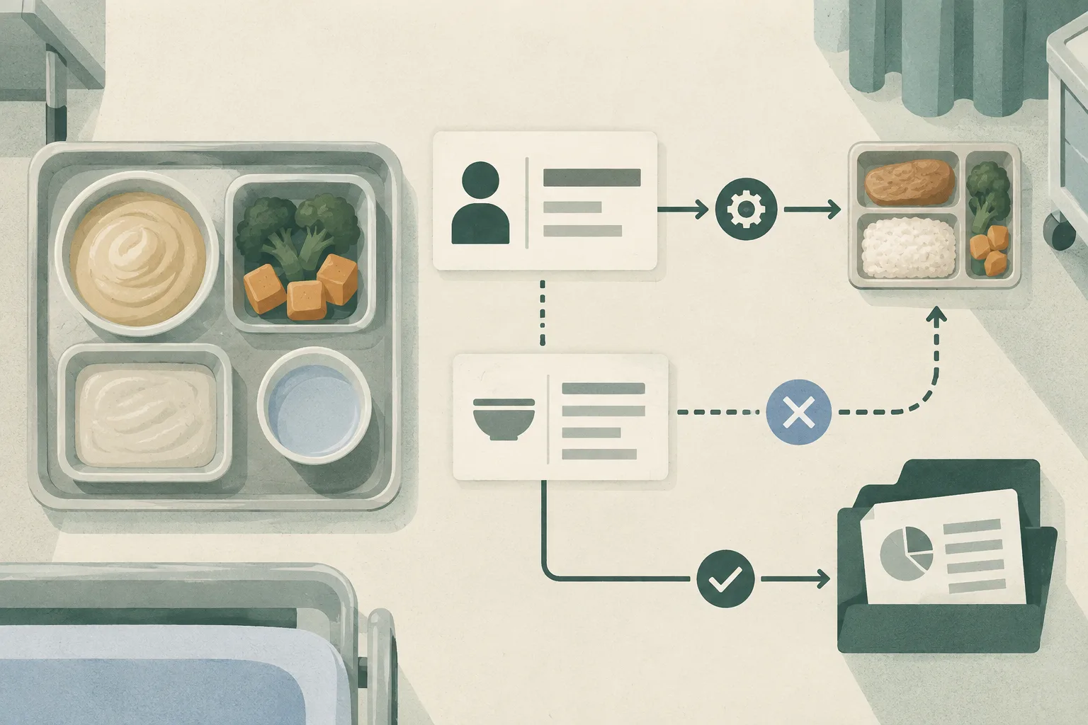 Top-down editorial illustration of a hospital meal tray with smooth puree, adjacent record and meal-system cards, and an interrupted dietary verification path.