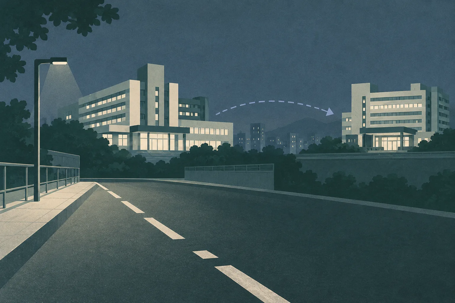 An abstract flat-elevation illustration of an empty nighttime road edge with an interrupted pavement line and two separated institutional blocks linked by a restrained directional band.