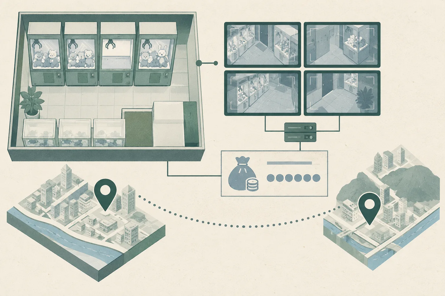 Top-down cut-paper diagram of an empty compartment in a claw-machine shop beside abstract CCTV review frames and two separated location markers for Tai Wai and Sha Tin, linked by a restrained dotted line.