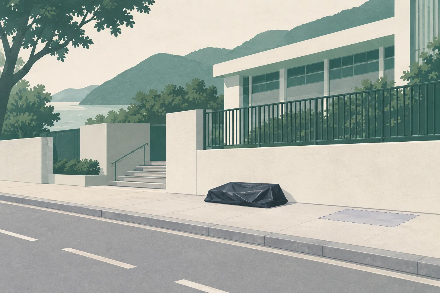 A restrained cut-paper illustration of a Hong Kong roadside beside an outdoor recreation centre, with a pavement, road edge and small opaque black covered form set apart from the roadway in muted blue-green, charcoal and warm grey.