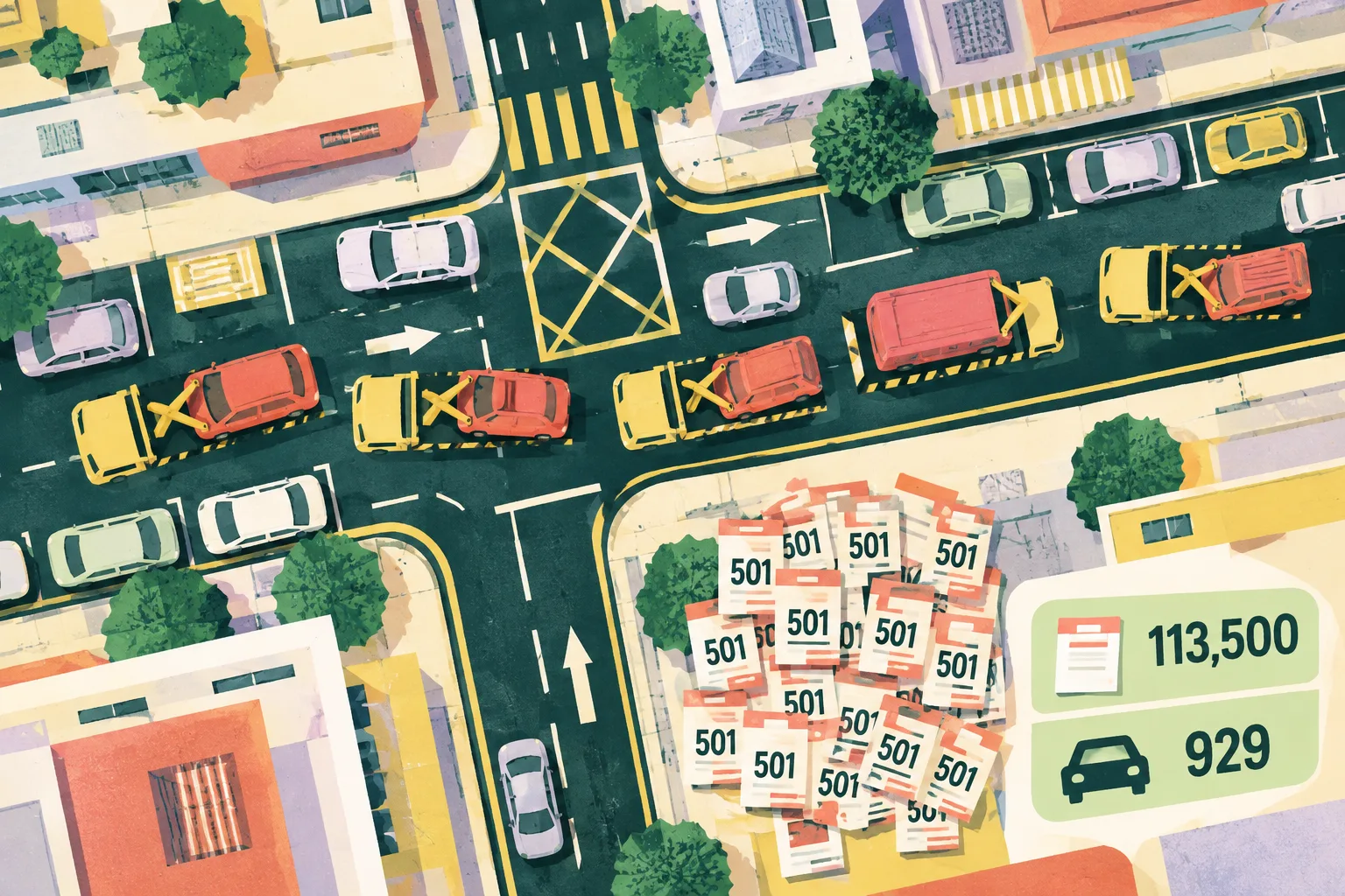 Top-down cut-paper illustration of a Yau Tsim street grid with simplified parked cars, curb markings, five tow symbols and a grouped set of penalty-note tiles marked 501, plus a small statistical panel.