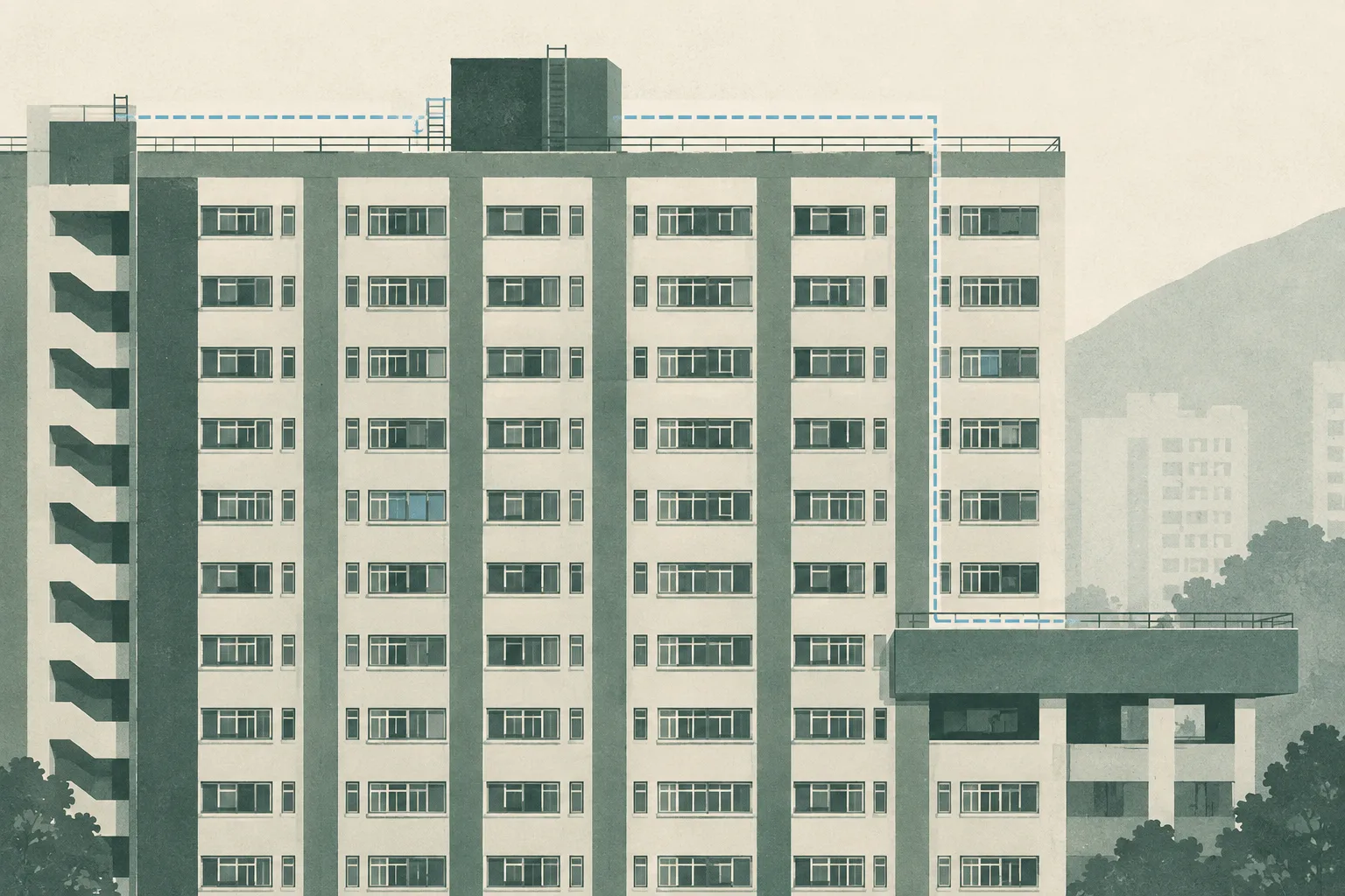 A simplified flat illustration of a Lam Tin public-housing tower with repeated windows, a clear rooftop edge and a lower projecting platform, arranged in muted blue, grey and ochre shapes with an interrupted line across the facade.