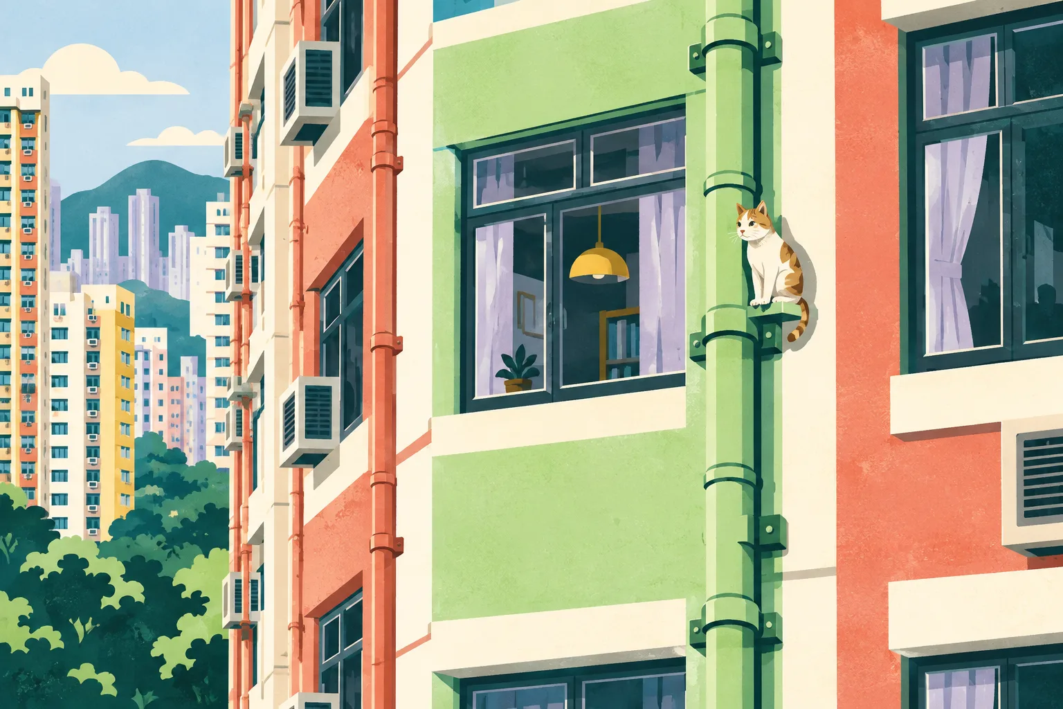 Cut-paper illustration of a Hong Kong residential building facade with an eighth-floor window, a vertical external drainage pipe and a small cat beside the pipe, using blue, coral, ochre and muted lime geometric shapes.