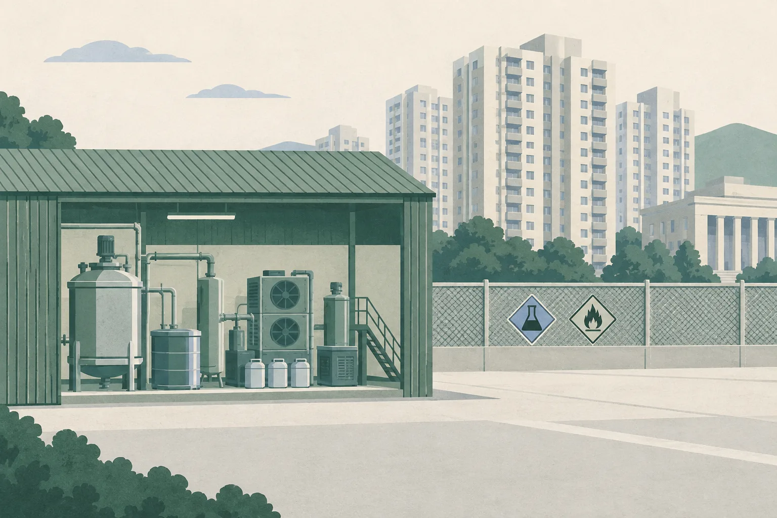 Flat cut-paper illustration of an anonymous corrugated metal structure near simplified residential blocks, containing abstract industrial vessels, pipes and cooling units behind a boundary line, with a small distant civic building and no people or active incident shown.