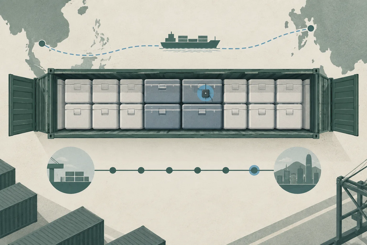 A cut-paper logistics diagram shows a long shipping container filled with simplified cooler-box shapes, a denser cluster in the middle, a small tracking marker, and a restrained route line connecting Thailand with Hong Kong.