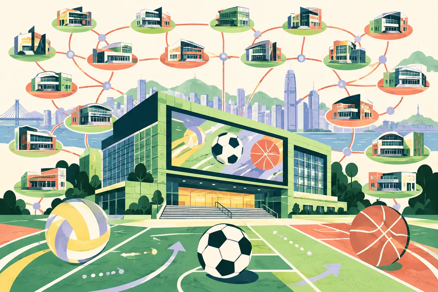 Flat cut-paper illustration of a Hong Kong sports centre with a large viewing screen, linked venue tiles representing 18 districts, and simple volleyball, football and basketball shapes among clean court-line graphics.