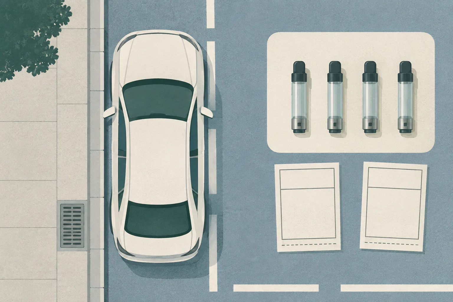Top-down cut-paper diagram of a private car parked beside a simplified urban road edge, with four neutral cartridge-shaped objects grouped nearby and two blank notice panels.