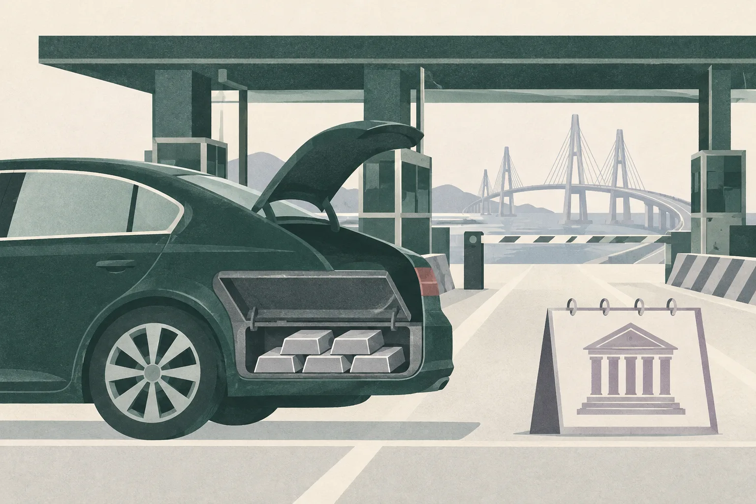 A flat cut-paper illustration shows a generic car at a simplified bridge checkpoint, with its lower trunk compartment opened to reveal neatly arranged silver bars; a small courthouse-calendar shape sits nearby.