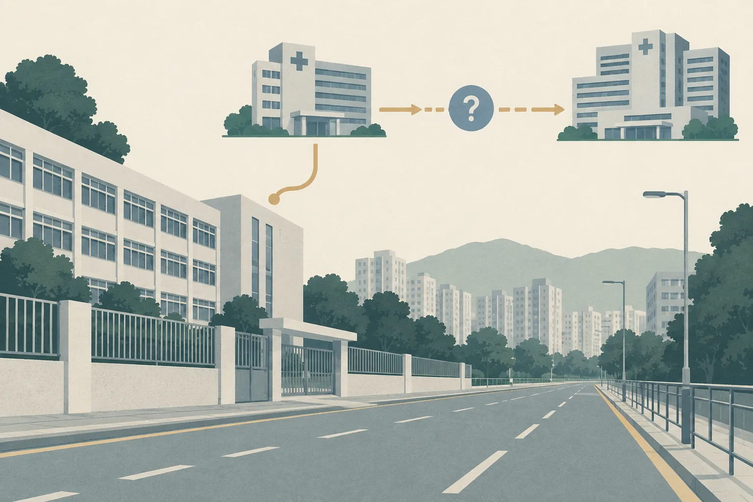 A quiet cut-paper illustration of an empty Yuen Long road beside a simplified school building, with two hospital forms linked by a thin route line and an interrupted case marker.