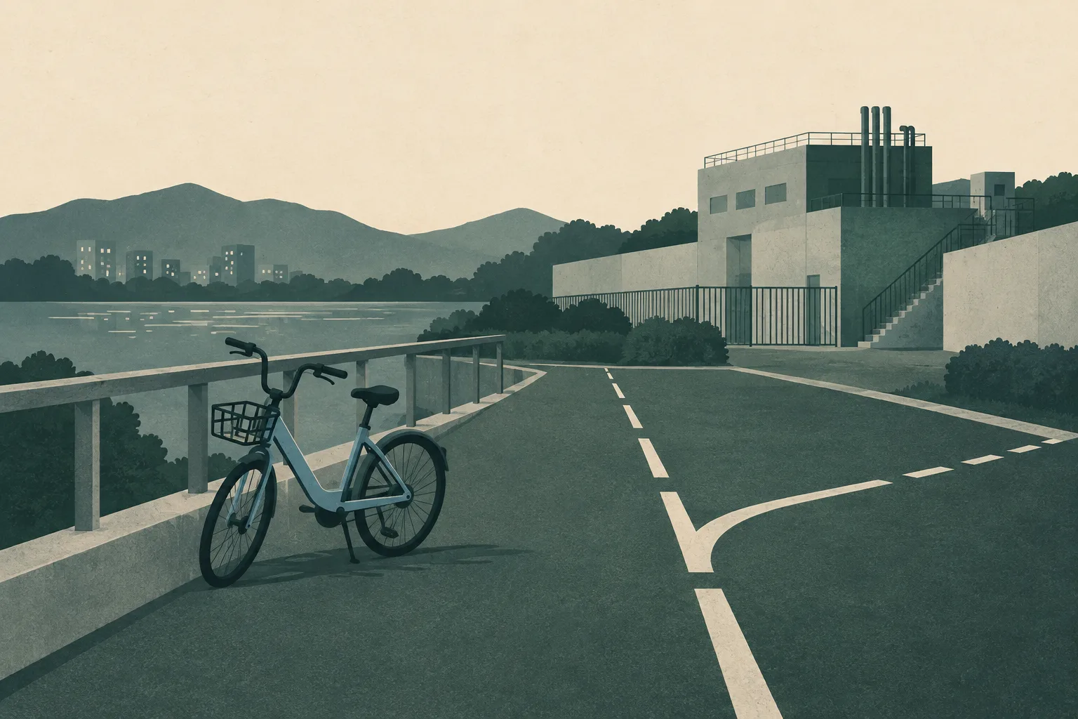 A simplified midnight roadside scene shows an empty shared bicycle beside an interrupted cycle-track line, with a low sewage pumping station represented by flat architectural shapes in the background.