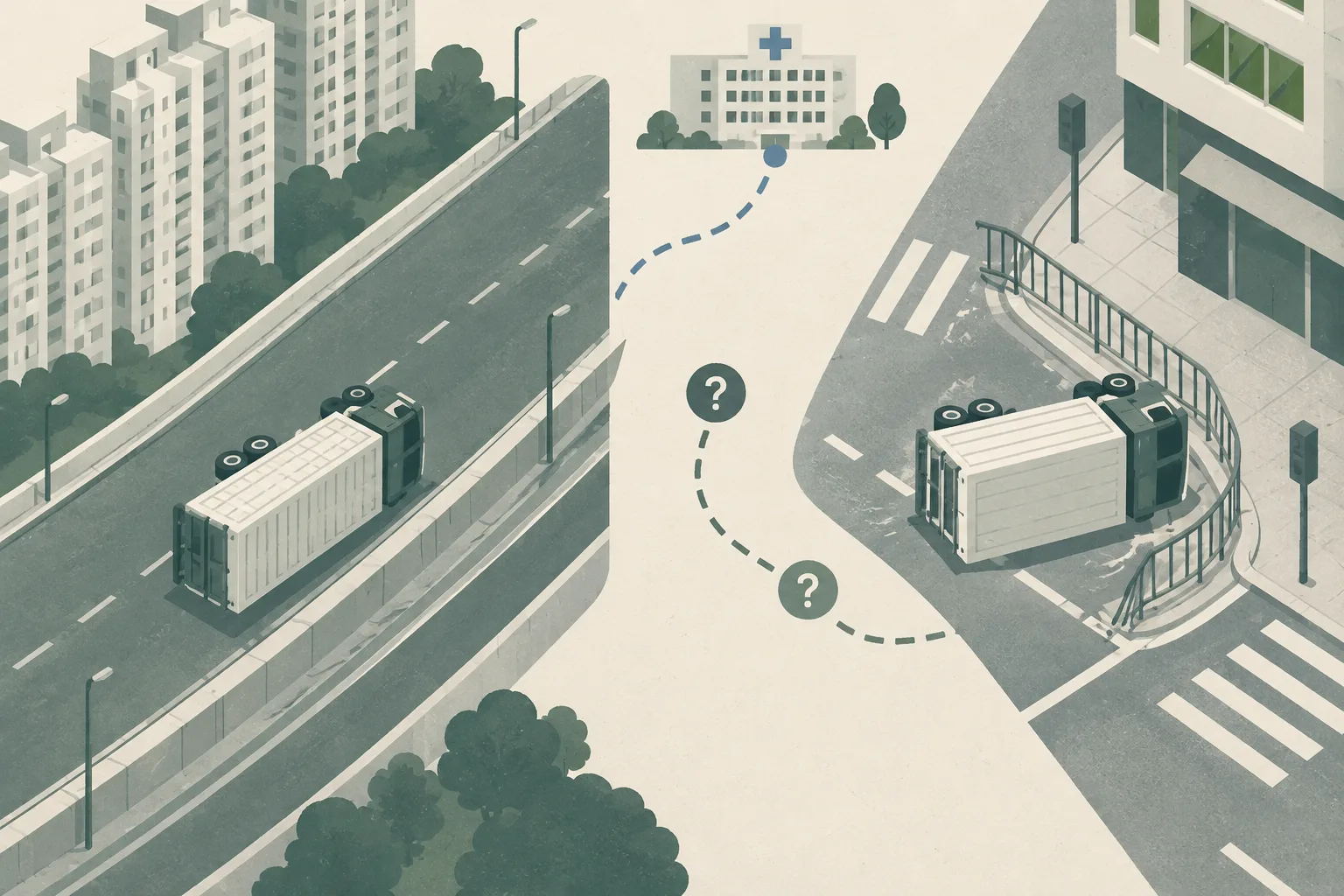 Top-down editorial diagram of two separate overturned goods trucks on simplified Hong Kong road fragments, one beside a residential block and one beside a bent roadside railing at a street junction, with interrupted route lines, investigation markers and a small hospital destination block.