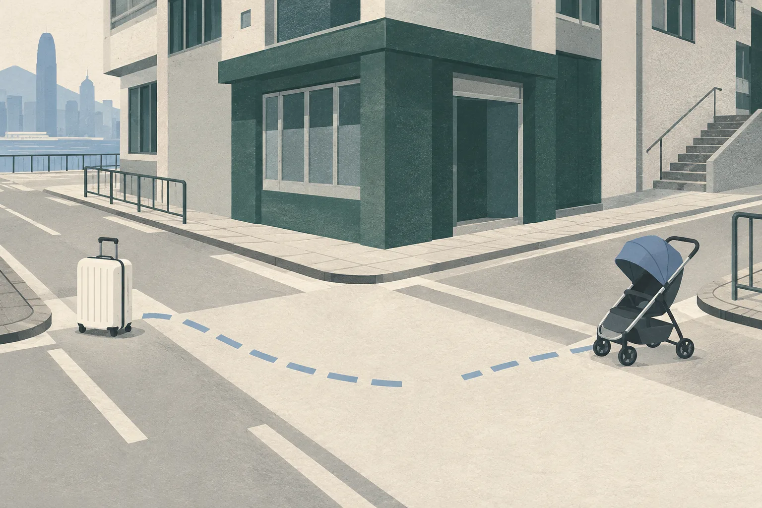 An empty simplified street junction with cool blue-grey building planes, a white suitcase on one side and an unoccupied baby stroller on the other, connected only by a broken line across the pavement.