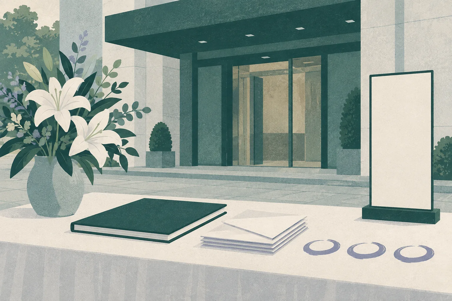 A quiet cut-paper still life shows a simplified funeral-home entrance behind an empty memorial table with a closed condolence book, stacked letters, three small abstract marks and a blank upright panel.
