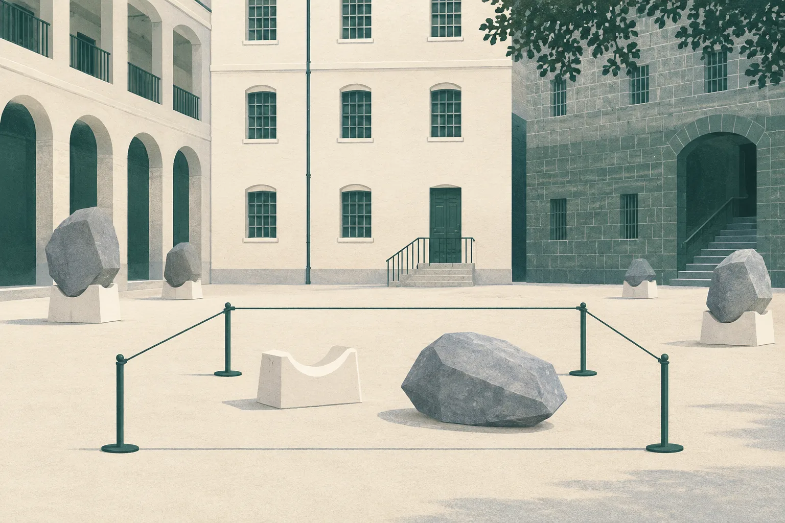 Flat cut-paper illustration of Tai Kwun’s Prison Yard with heritage walls and the D14 entrance, showing a large overturned stone separated from its white supporting seat inside a simple cordon.