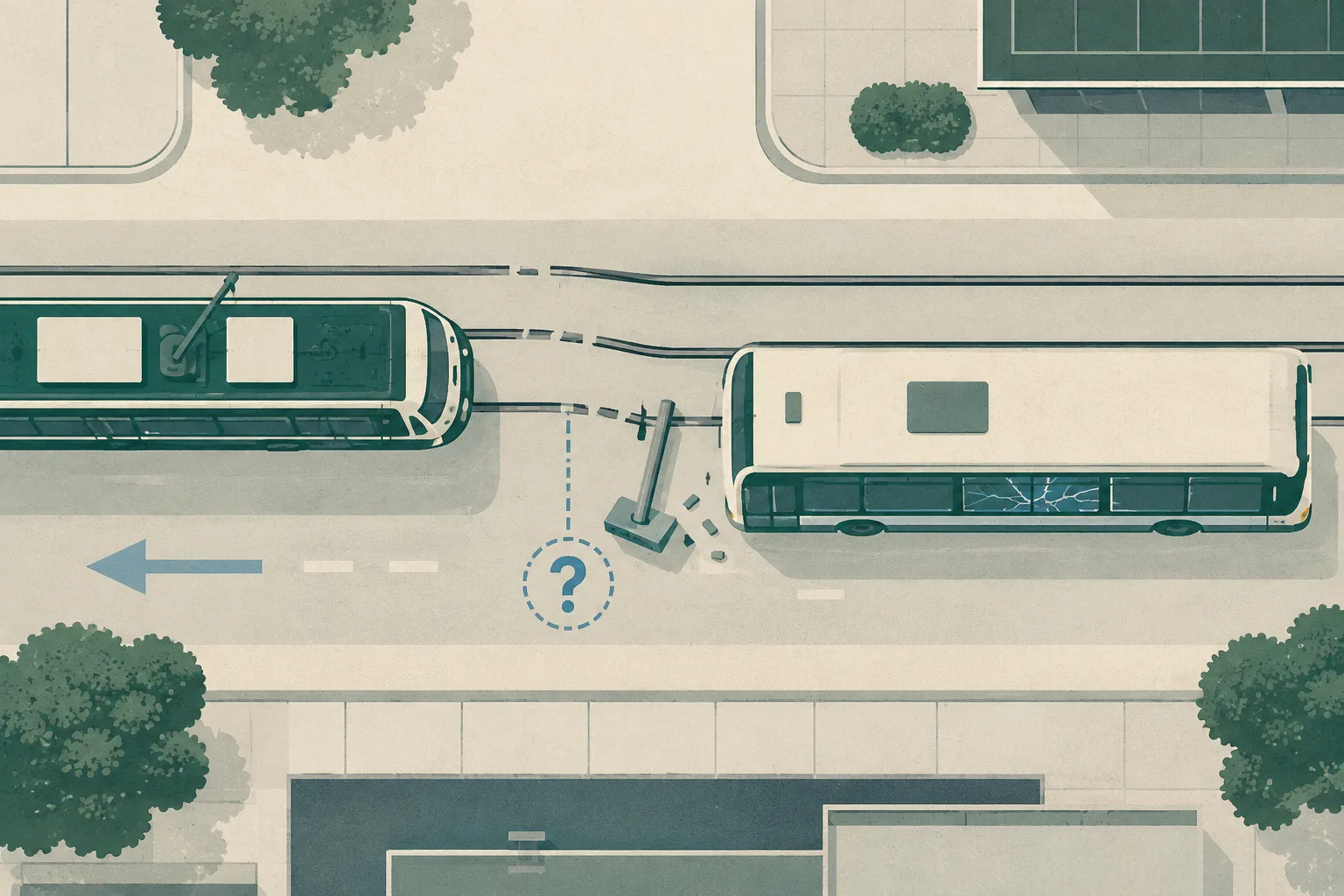 Top-down cut-paper diagram of interrupted tram tracks beside a stopped route 18 bus with a few broken window lines and a displaced generic roadside fixture between them; no people are shown.