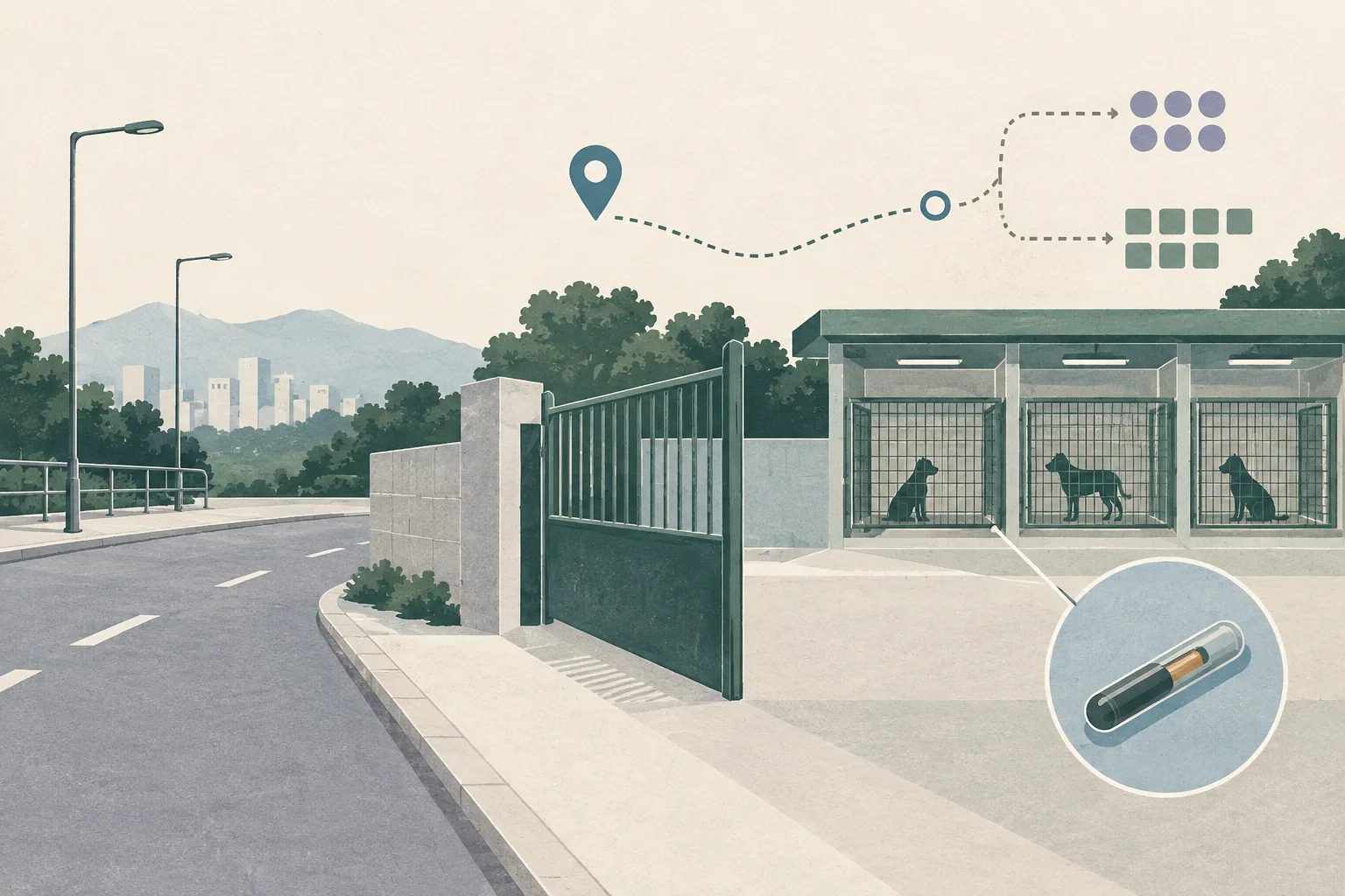 An empty roadside edge in a simplified Hong Kong architectural collage leads toward a contained animal-management enclosure, with a small identification tag and abstract process markers arranged across the scene.