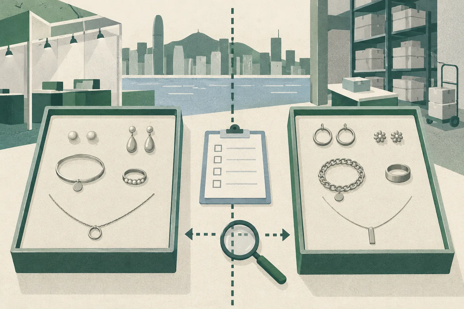 Top-down cut-paper illustration of unbranded earrings, a bracelet and a necklace arranged in two separated inspection trays linked by a broken divider, with abstract exhibition and trading-company grids suggesting Wan Chai and Hung Hom.