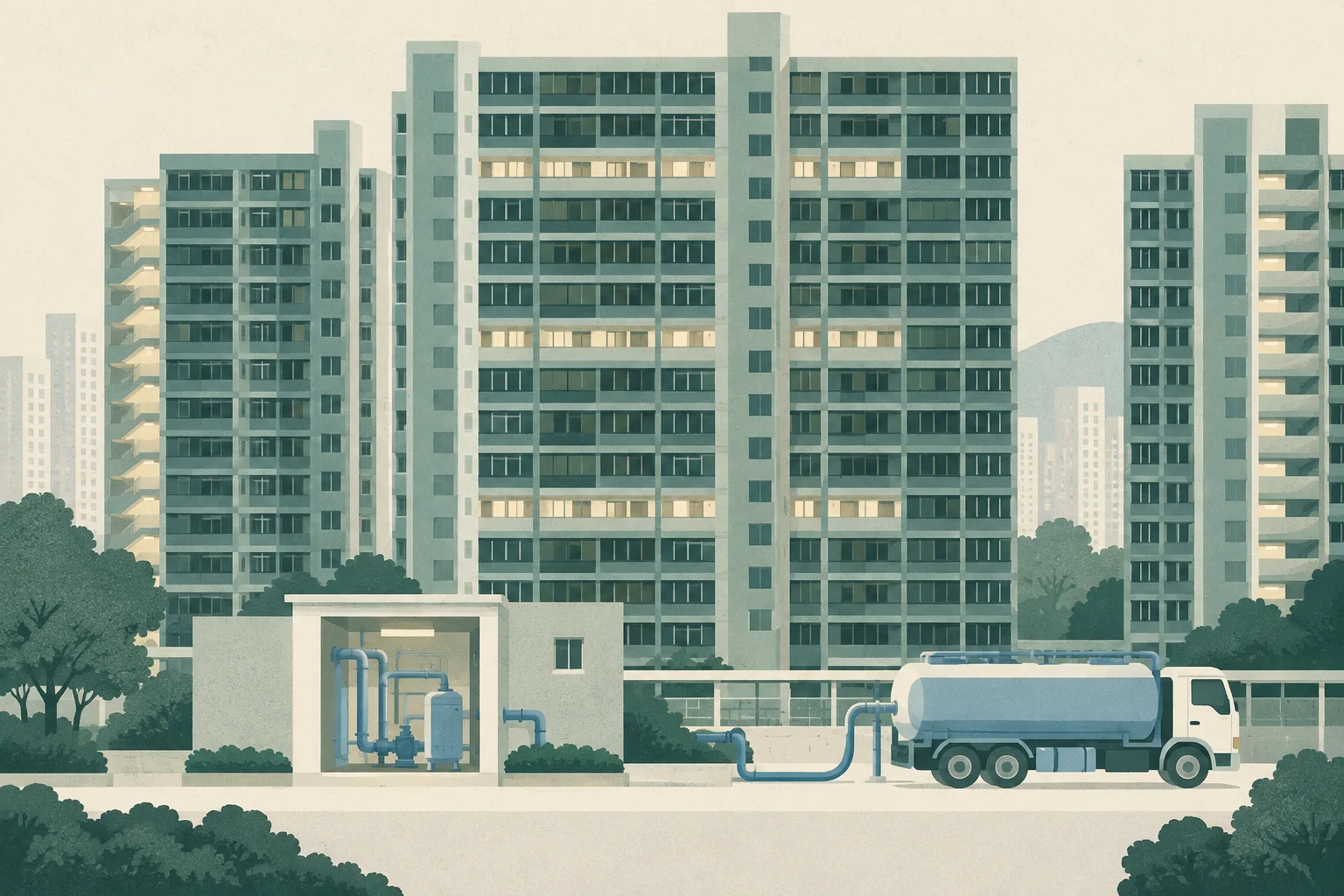 Flat cut-paper illustration of residential estate blocks with some windows dark and corridor bands still lit, a small meter-room service bay at ground level, and an emergency water tanker nearby; no people, flames or smoke are shown.