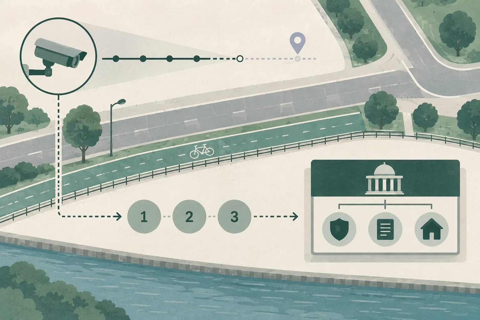 A top-down cut-paper civic diagram shows an abstract roadside and cycle route, a CCTV symbol beside a timeline that stops before a marked gap, three neutral numbered nodes moving toward a review panel, and connectors for patrols, penalties and owner responsibilities.