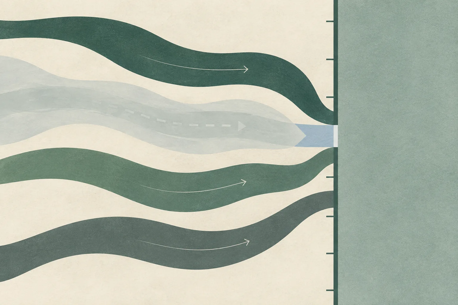 A top-down abstract diagram shows four muted blue current-lines moving beneath a pale surface layer toward a straight civic boundary, with one channel partly concealed and a small opening suggesting careful examination.