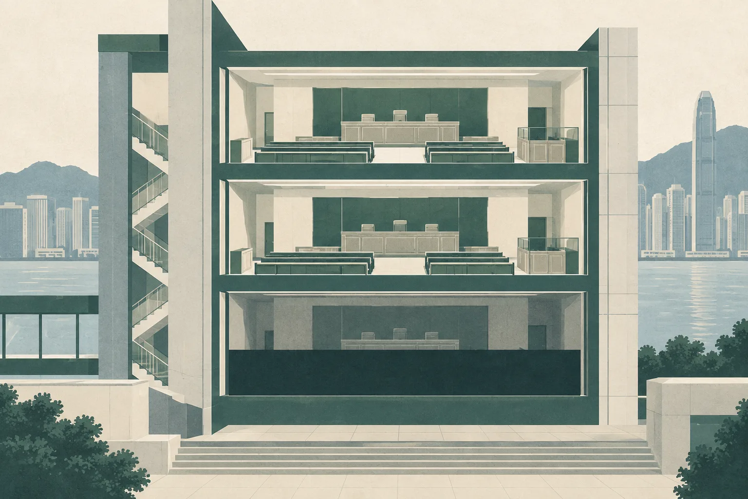 A restrained cut-paper architectural illustration of stacked courtroom spaces and extension rooms, with orderly bench shapes and a dark horizontal boundary across one level symbolising a court reporting restriction.