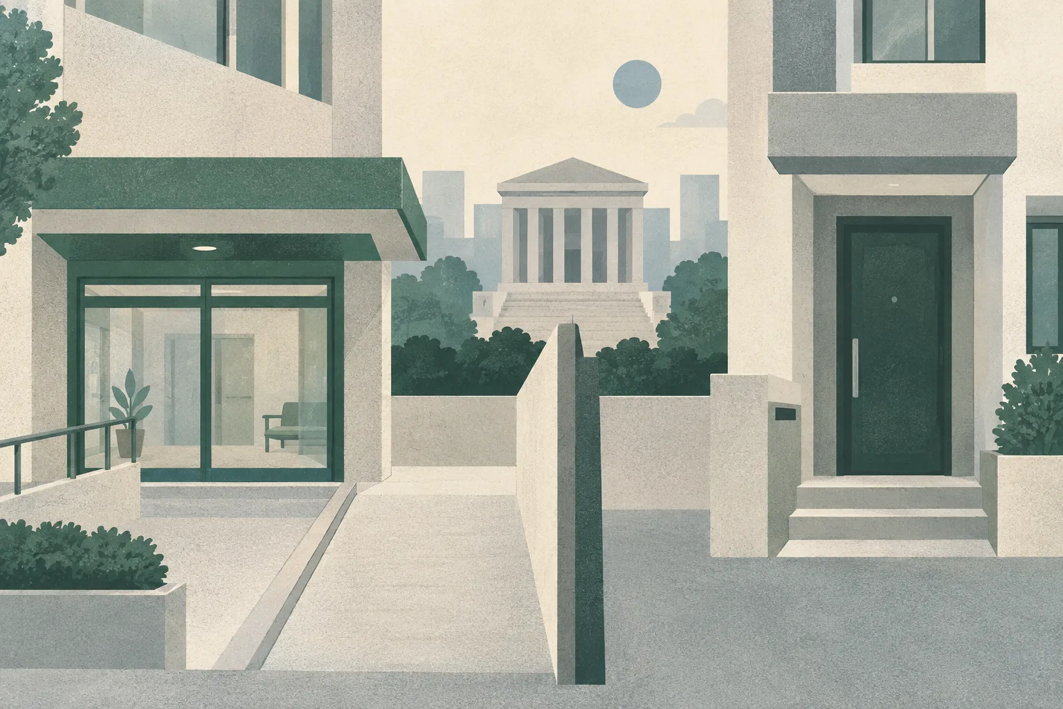 A subdued cut-paper architectural illustration shows two separate residential doorways divided by a strong vertical boundary, with a small courthouse form beyond; no people are visible.