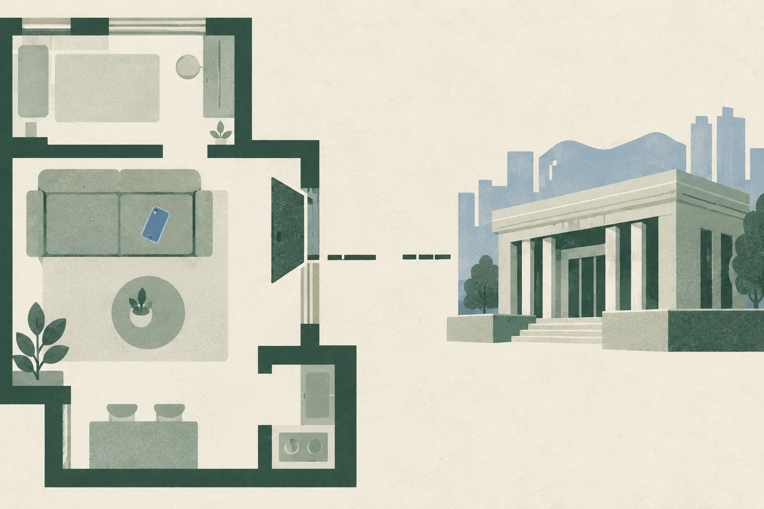 A quiet cut-paper floor-plan abstraction shows a phone resting beside a sofa and interior threshold in a simplified apartment layout, with a separate geometric courthouse form connected by an open-ended divided line.