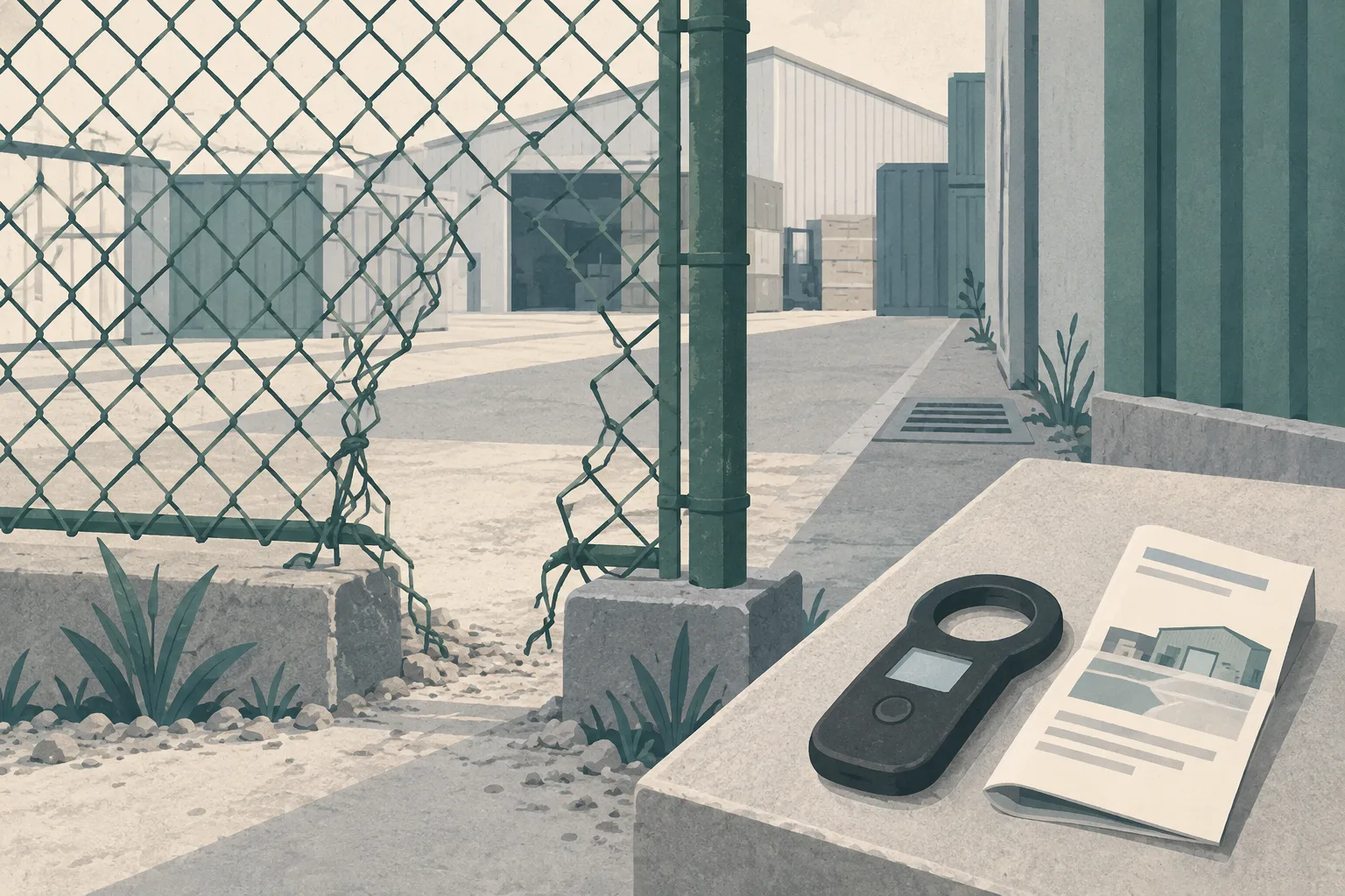 A close, cut-paper-style view of an industrial wire fence with a small opening beside a warehouse path, with a compact microchip scanner and plain leaflet placed on a muted blue-grey surface; no people or animals are visible.