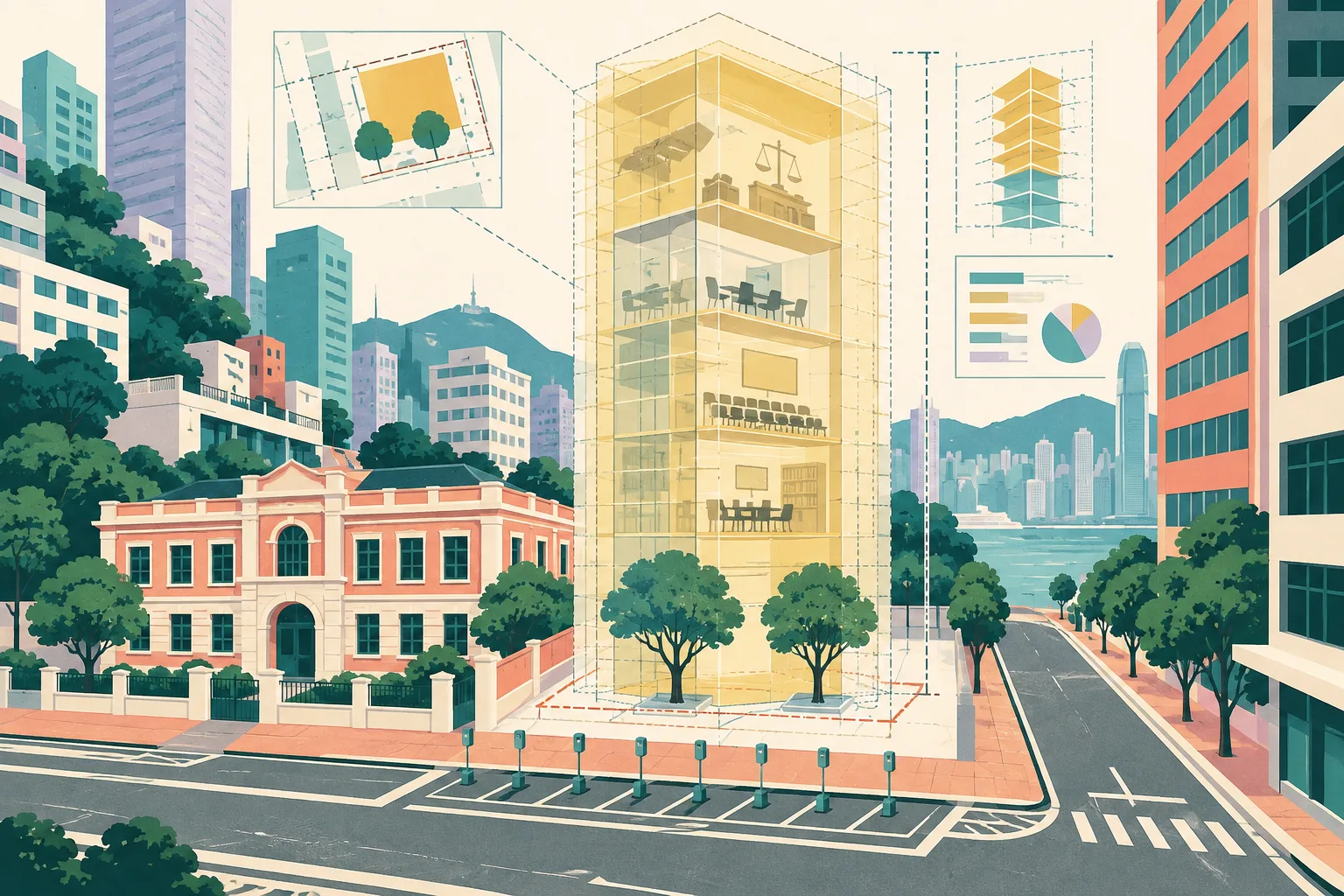 Flat cut-paper illustration of a proposed translucent tall tower beside a simplified historic police-station facade, with street-edge parking markers, two banyan-tree symbols and planning lines arranged between two Hong Kong road edges.