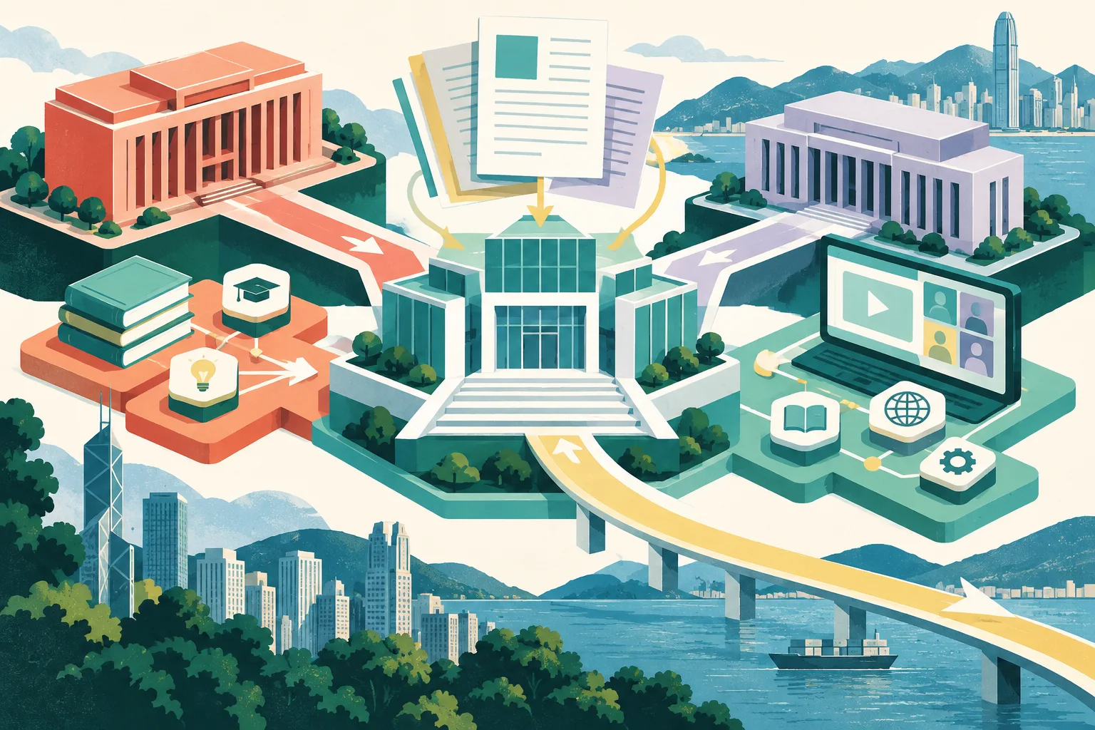 A cut-paper civic diagram shows two abstract institutional blocks connected by a stepped pathway, with research papers, knowledge nodes and a digital training panel feeding into a central academy-like structure. A broad line continues outward to suggest longer-term professional cooperation.