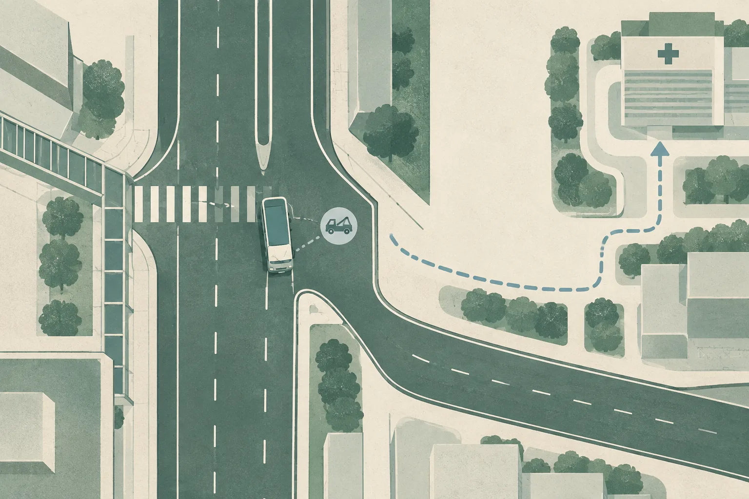 Top-down editorial illustration of a simplified Ma On Shan road junction with an abstract minibus beside an interrupted pedestrian crossing, a distant hospital block, and a restrained investigation marker.