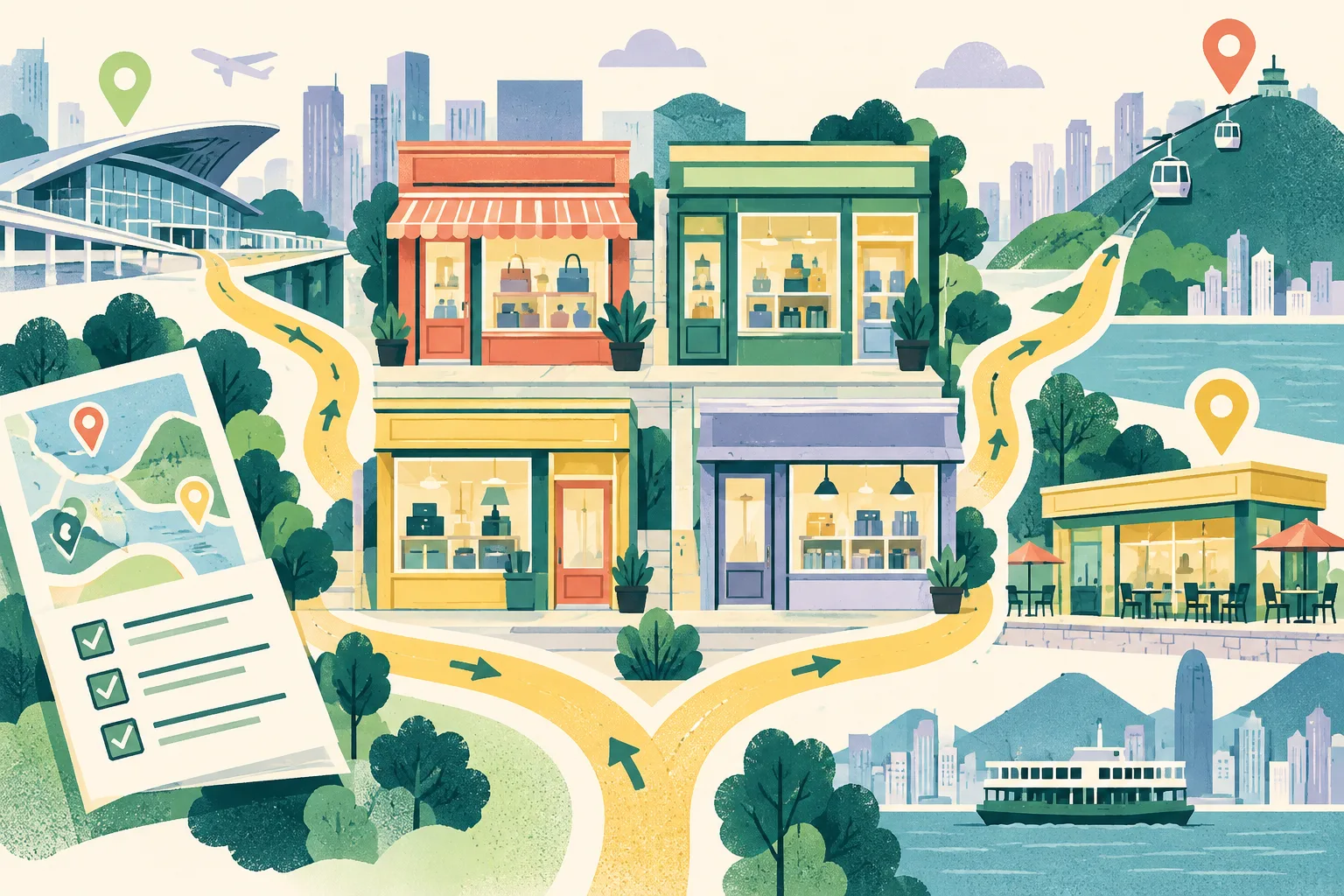 Flat illustrated collage of four simplified shopfronts connected by branching visitor routes, with an information leaflet, checklist and neutral icons for a transport entry point, tourist attraction and restaurant.