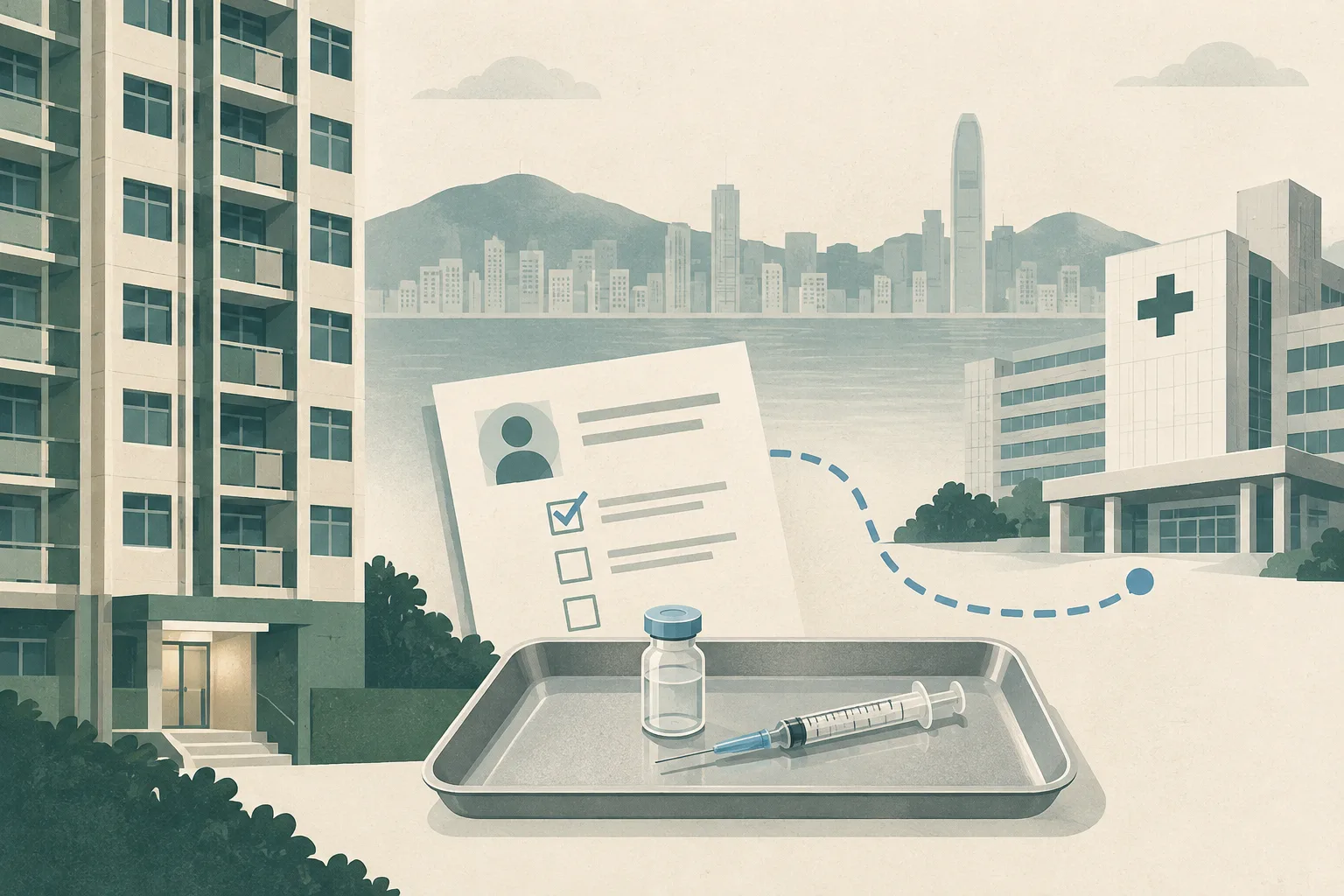 A flat cut-paper illustration shows a simplified residential tower, a separated medical tray with a sealed vial and unused syringe, and an incomplete credentials checklist connected by an interrupted line to a hospital-like block.