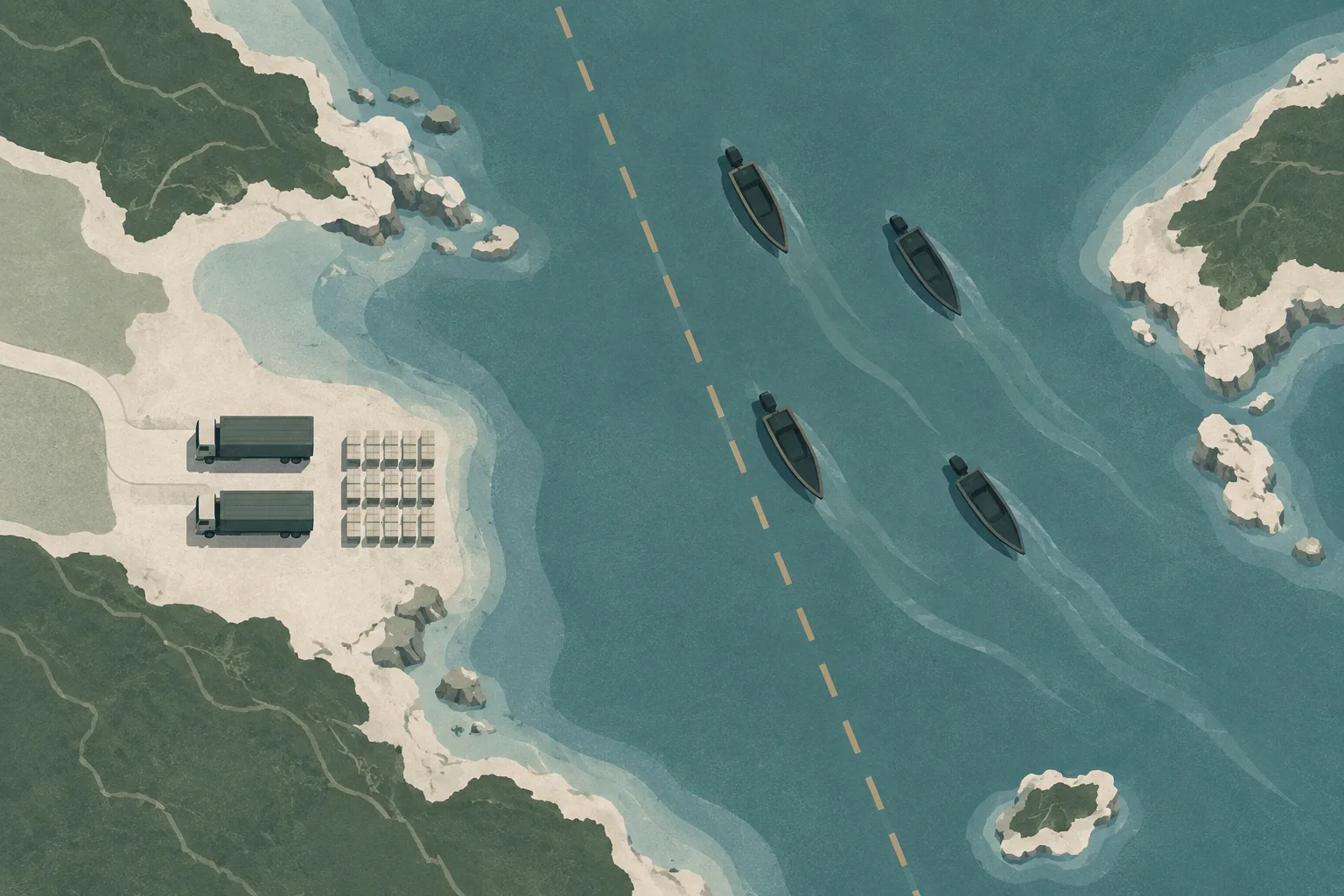 Top-down cut-paper diagram of two Sai Kung shore areas with four unlit speedboat shapes offshore, two stationary trucks on shore, and a separate stack of unbranded cigarette cartons connected by restrained coastal water bands.