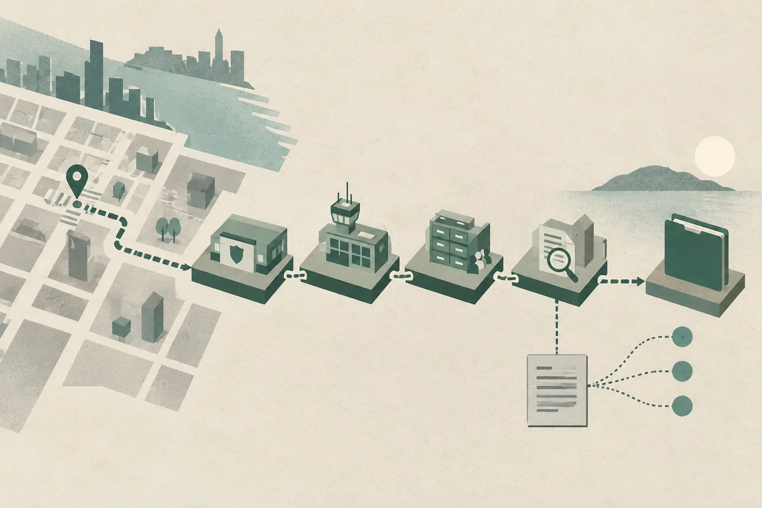 Top-down cut-paper diagram of a segmented civic route moving from a simplified North Point street grid through four administrative blocks to a closed archive folder, with a small neutral legal-document shape and a lightly marked information channel nearby.