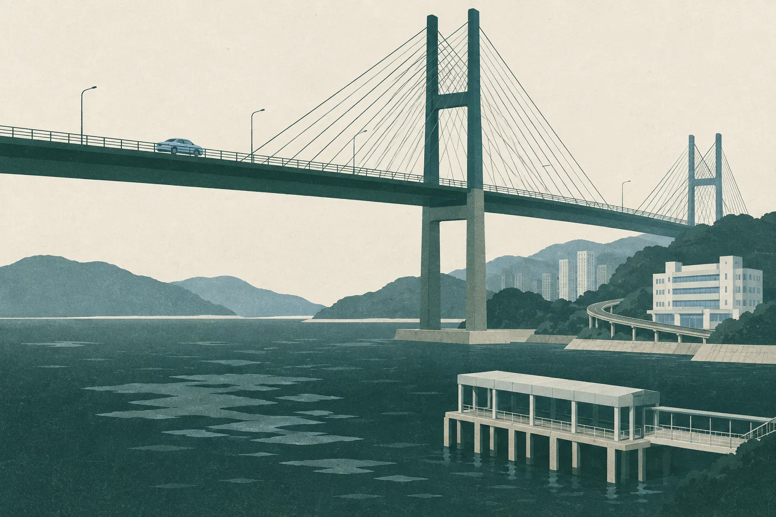 A simplified flat illustration shows Ting Kau Bridge crossing dark blue water, with a small empty car on the bridge shoulder and a distant pier connected by a thin route to a simple hospital block.