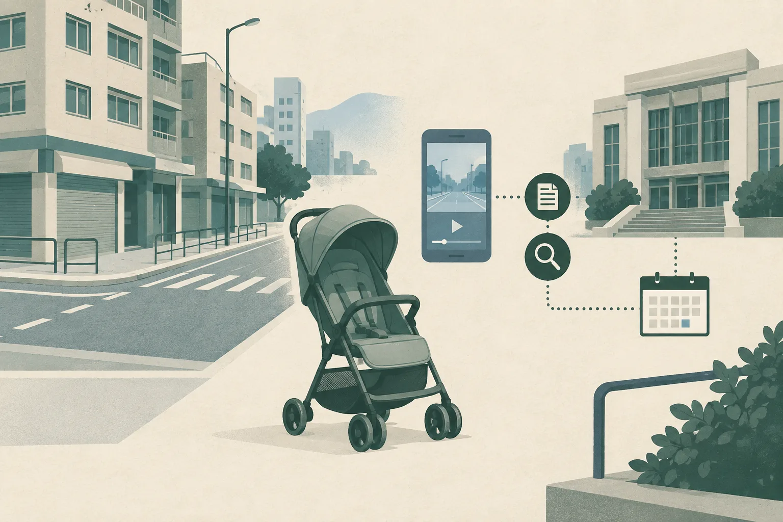 A restrained cut-paper collage shows a simplified Sham Shui Po street junction, an intact empty stroller set apart in open space, a neutral phone media symbol, and a distant courthouse facade linked by thin lines suggesting investigation and a scheduled hearing.