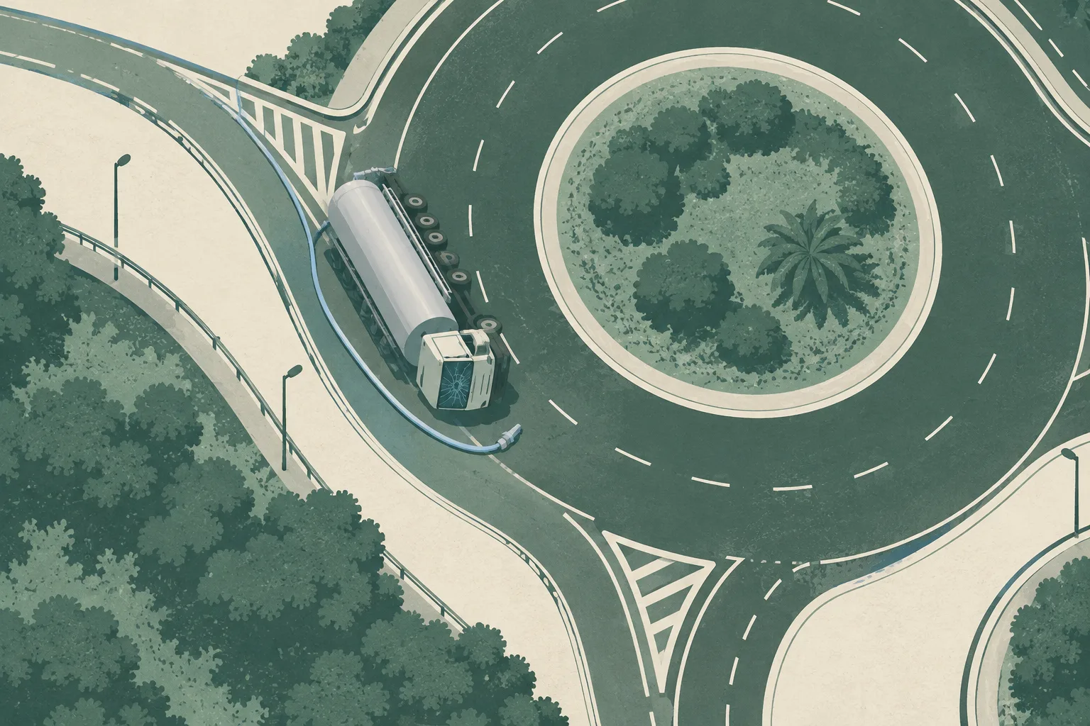 Top-down cut-paper diagram of a Hong Kong roundabout and adjoining road, showing a simplified LPG tanker overturned beside the curve, a restrained cracked windscreen detail, and a fire hose positioned nearby; the tanker appears sealed with no visible leak, flames or people.
