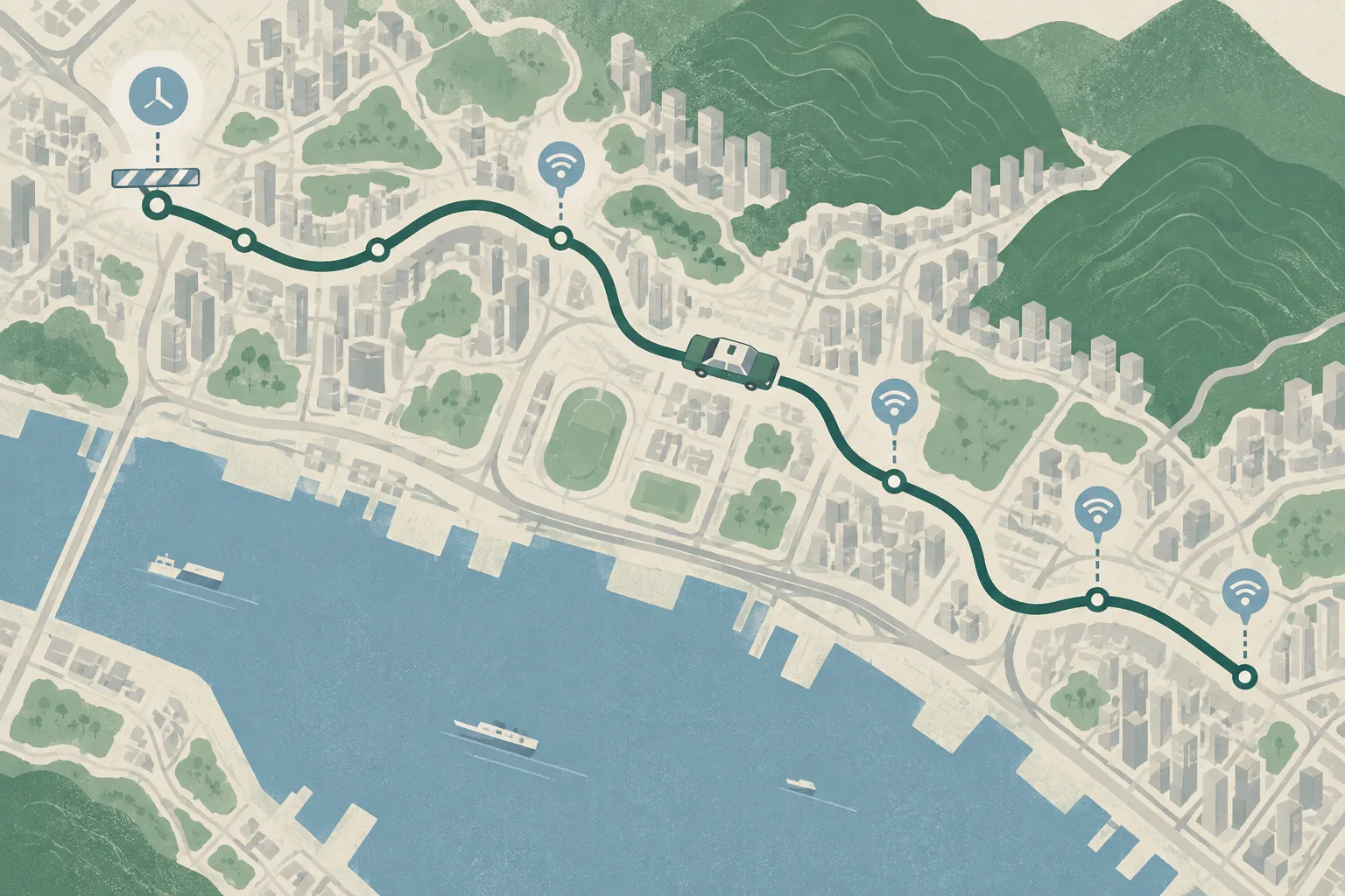 Top-down cut-paper diagram showing a simplified taxi route through three connected urban nodes, linked communication markers along the path and a quiet interruption bar near the final Kowloon City point.