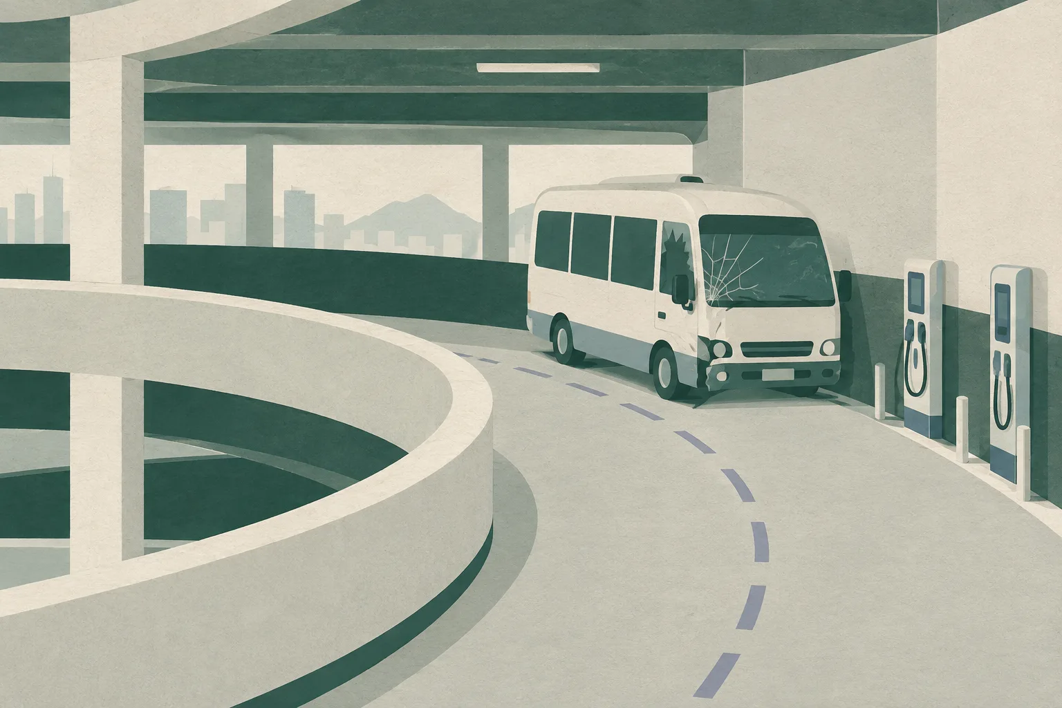 A flat cut-paper illustration of a multi-storey car-park ramp turning beside a wall and electric-vehicle charging units, with a stationary minibus showing an abstracted damaged front window and an interrupted route line.