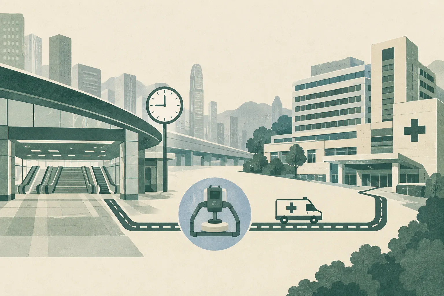 An empty abstracted station entrance is connected by a thin route line to a simplified hospital block, with a small neutral medical device and a 9am clock marker arranged in a restrained blue architectural collage.