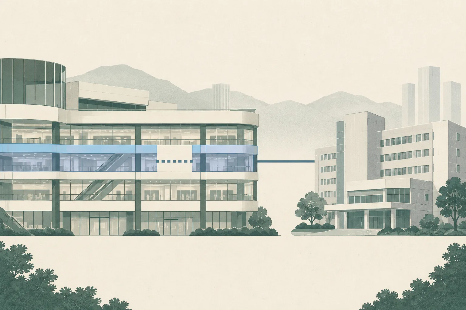A restrained cut-paper illustration shows a simplified multi-storey shopping centre with an interrupted third-floor grid beside a separate institutional building block, linked by a thin rule; no people or violence are shown.