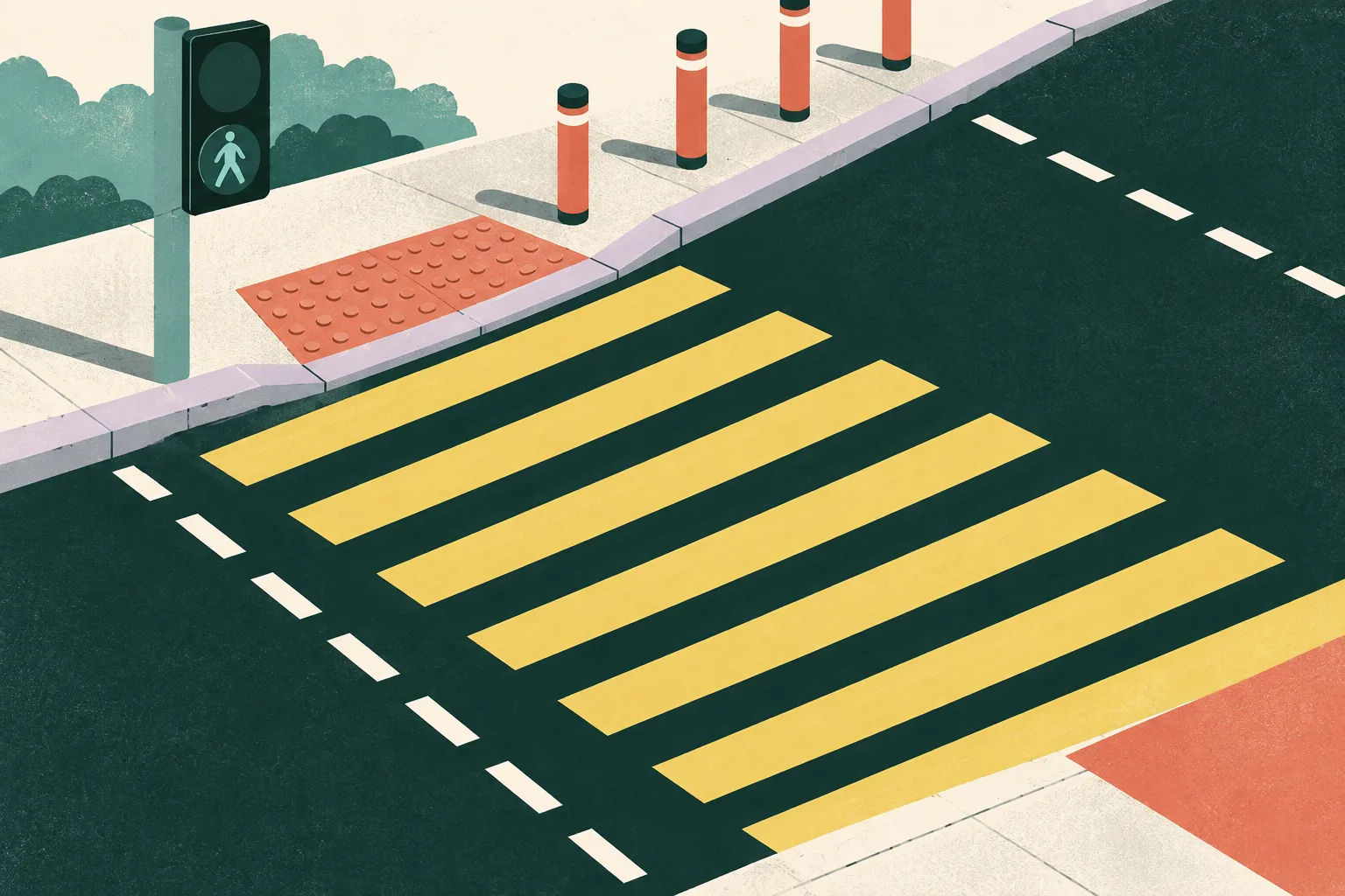 Cut-paper illustration of a broad diagonal pedestrian crossing stripe meeting a dropped kerb and traffic bollards on a simplified urban road surface, with a small diagonal crossing-light marker.