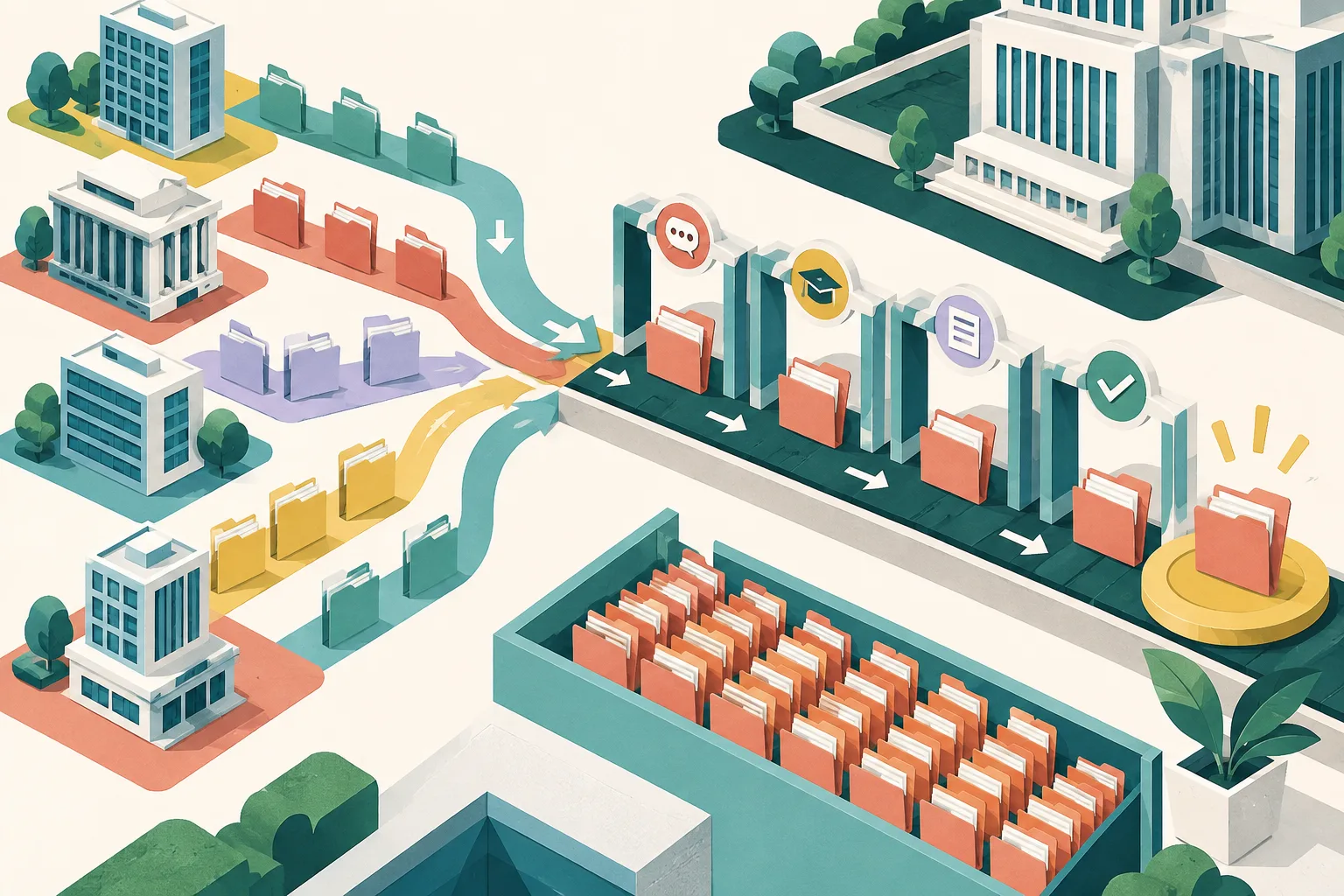 A top-down cut-paper diagram of connected civic department lanes leading through document folders and review checkpoints, with teal, coral, ochre and blue geometric blocks arranged across a pale background.