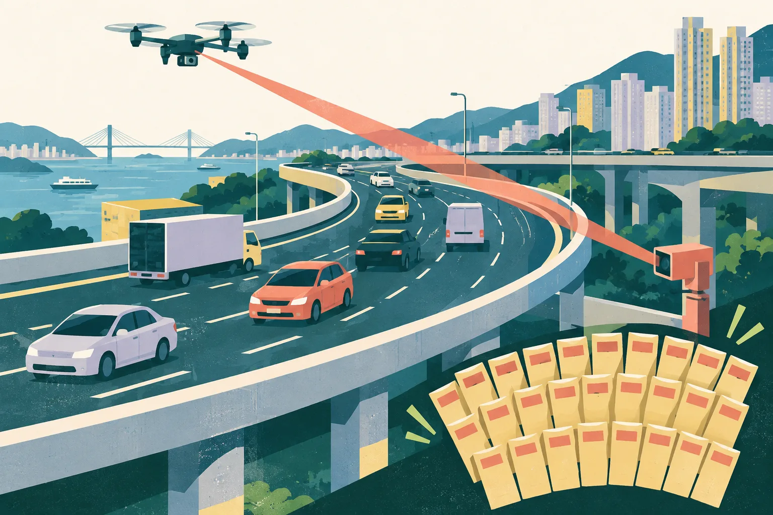 Cut-paper illustration of an elevated expressway with simplified vehicles, an overhead drone, a roadside laser speed detector, and a grouped stack of penalty notices in a bright civic colour palette.