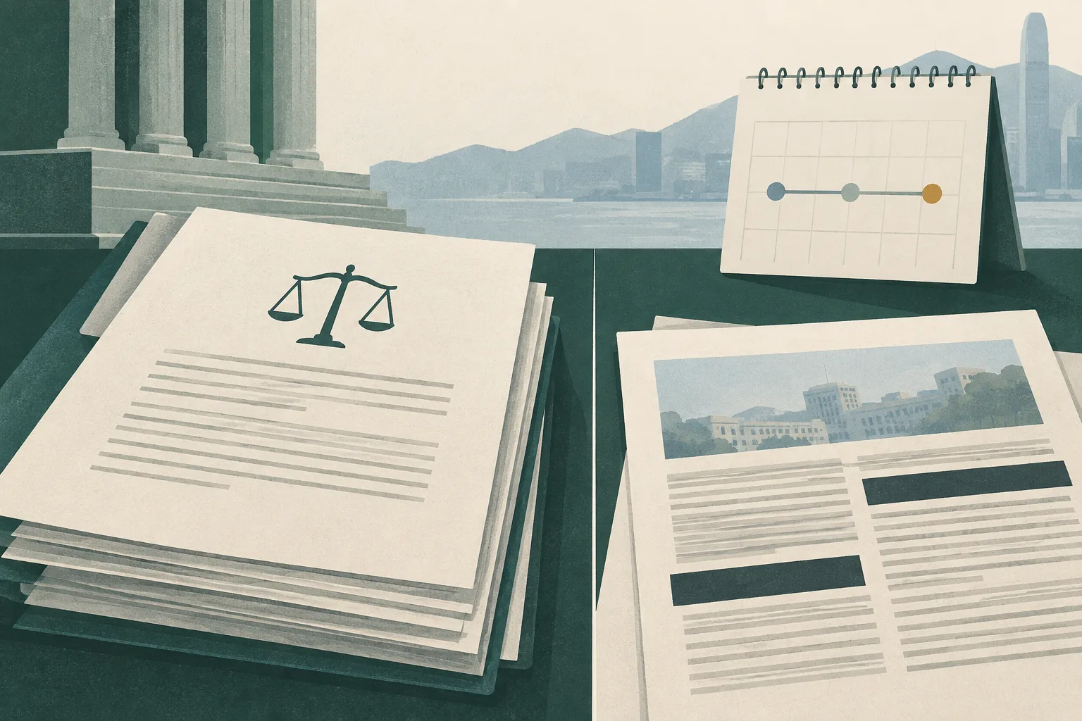 A subdued cut-paper still life of layered appeal documents, a partially obscured interview article proof and a small date marker arranged on a formal desk beside a narrow architectural edge, divided by a clean vertical rule.
