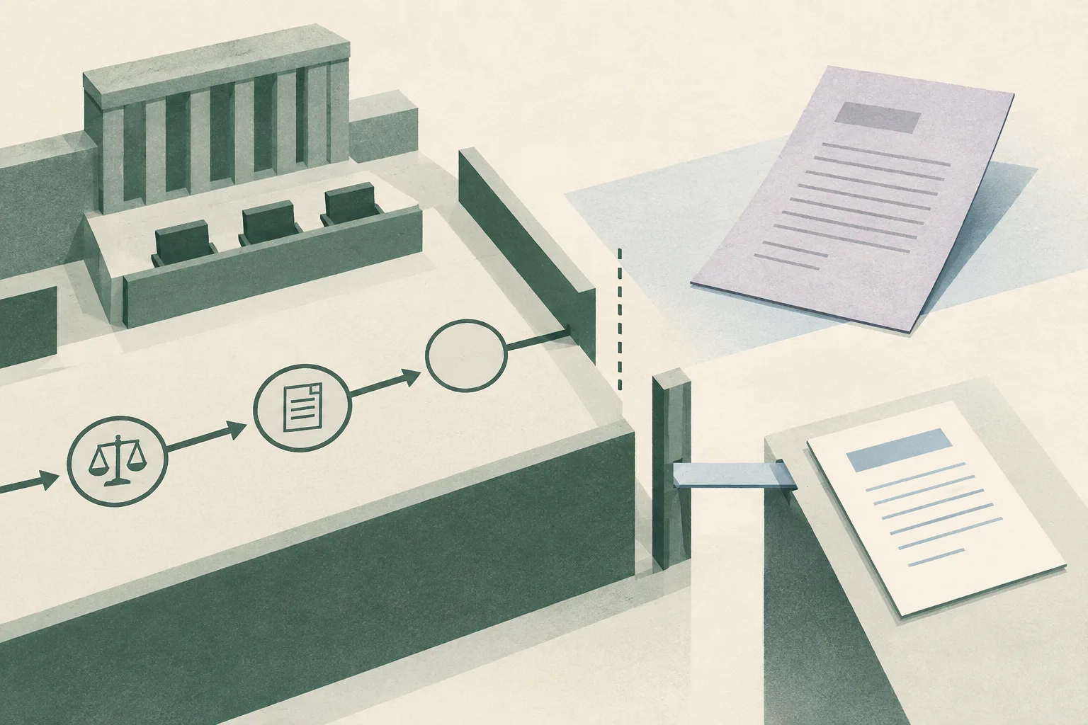 An abstract civic-law illustration shows a structured procedural grid, a detached report-shaped document beyond a boundary, and a separate response document linked by a narrow horizontal line, with a visible gap between stages.