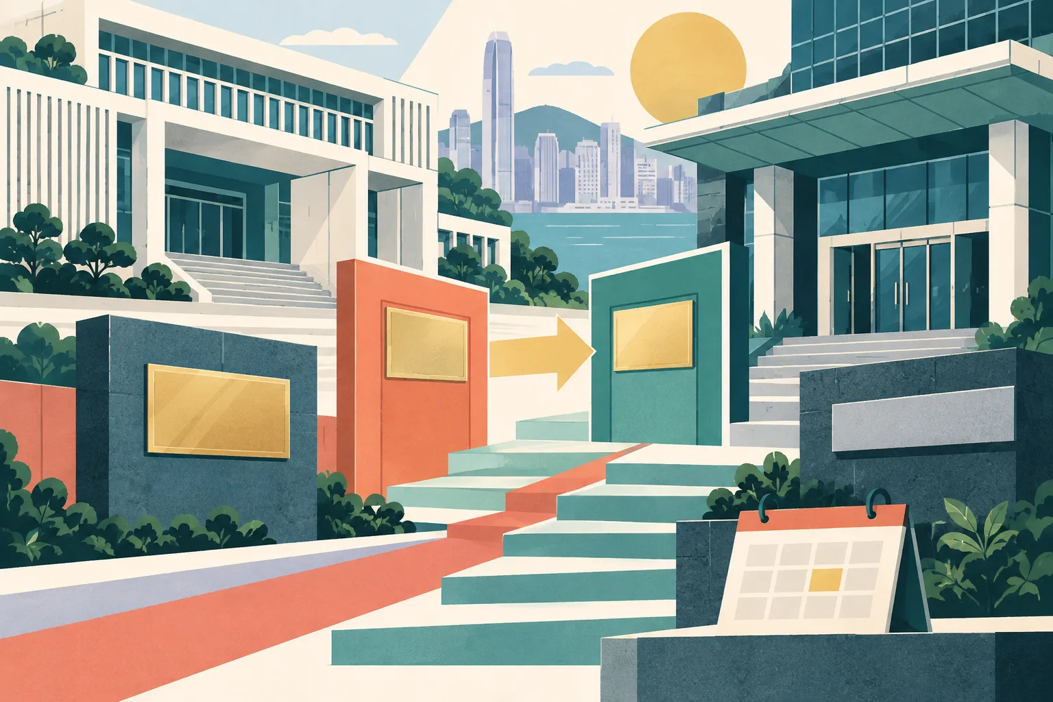 A colourful cut-paper collage of simplified civic and police institutional buildings linked by a stepped geometric pathway, with two abstract office panels and a small date tile reading 22 September 2026.