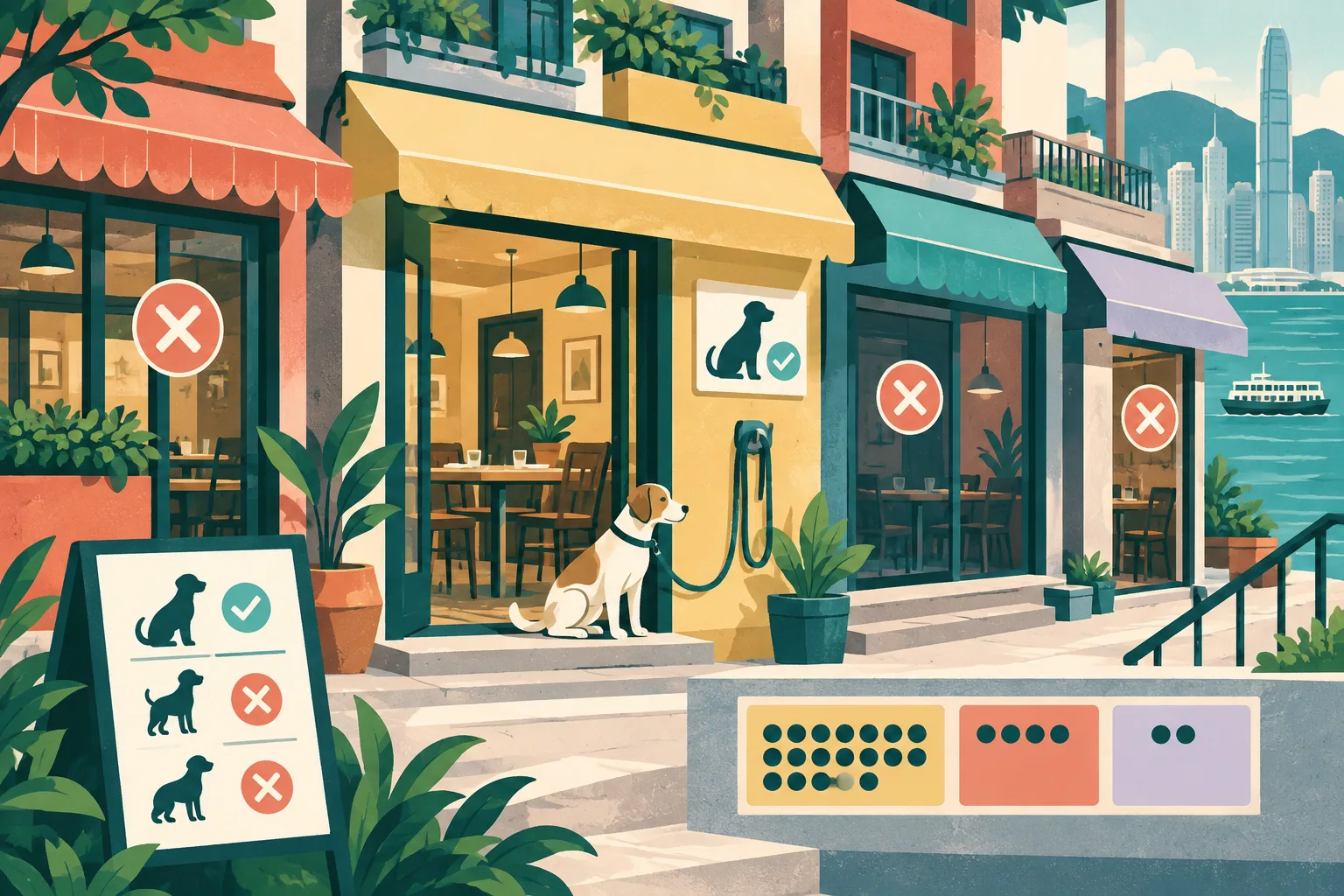 Flat cut-paper illustration of several Hong Kong restaurant frontages, including one entrance with an approval plaque, a neatly secured leash and a small verification checklist, alongside neutral boundary shapes and grouped counting tiles marked 20, 7 and 2.