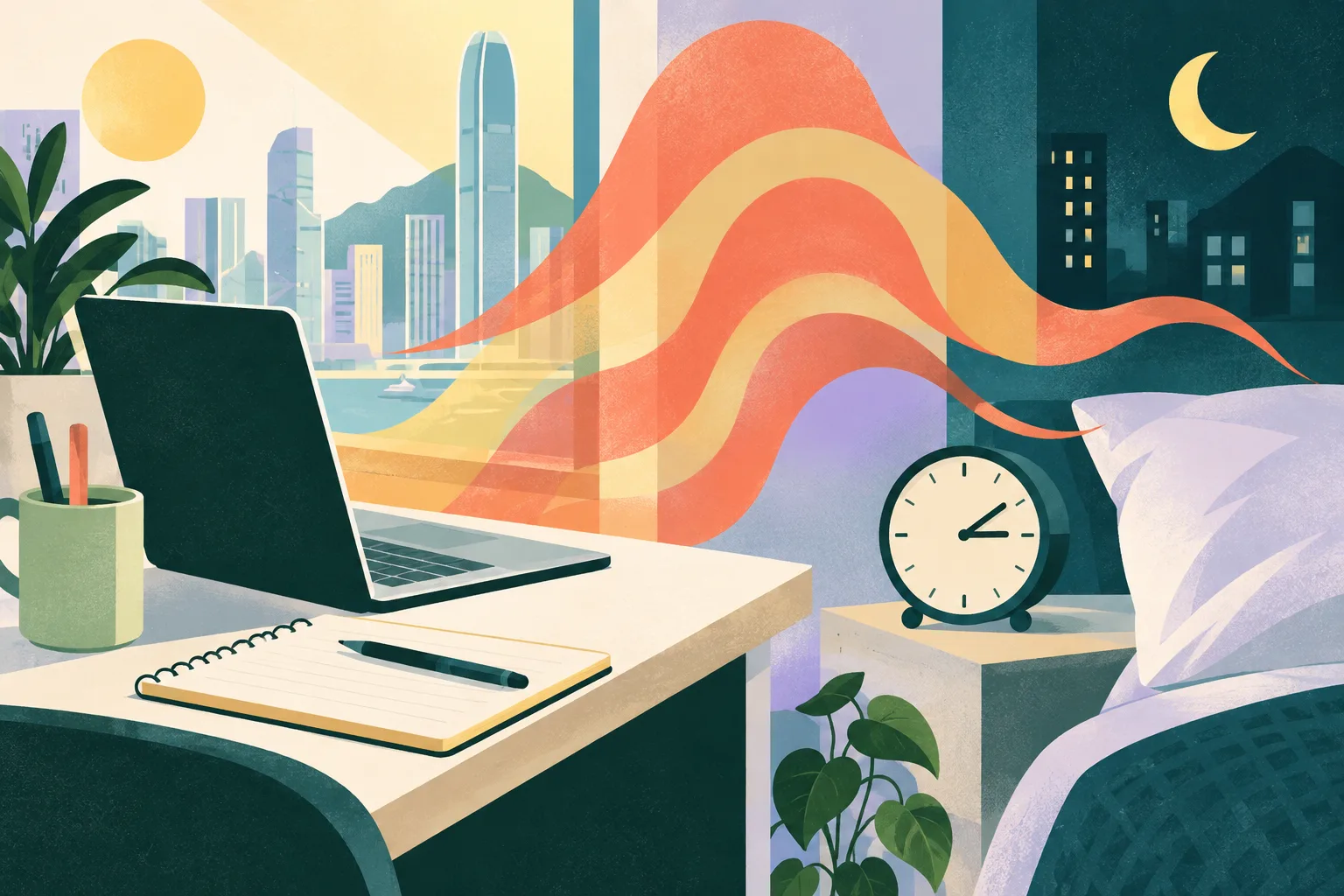 A close-up cut-paper still life shows an open laptop and notebook beside a bedside clock and pillow, linked by warm abstract heat waves and cool blue geometric blocks.